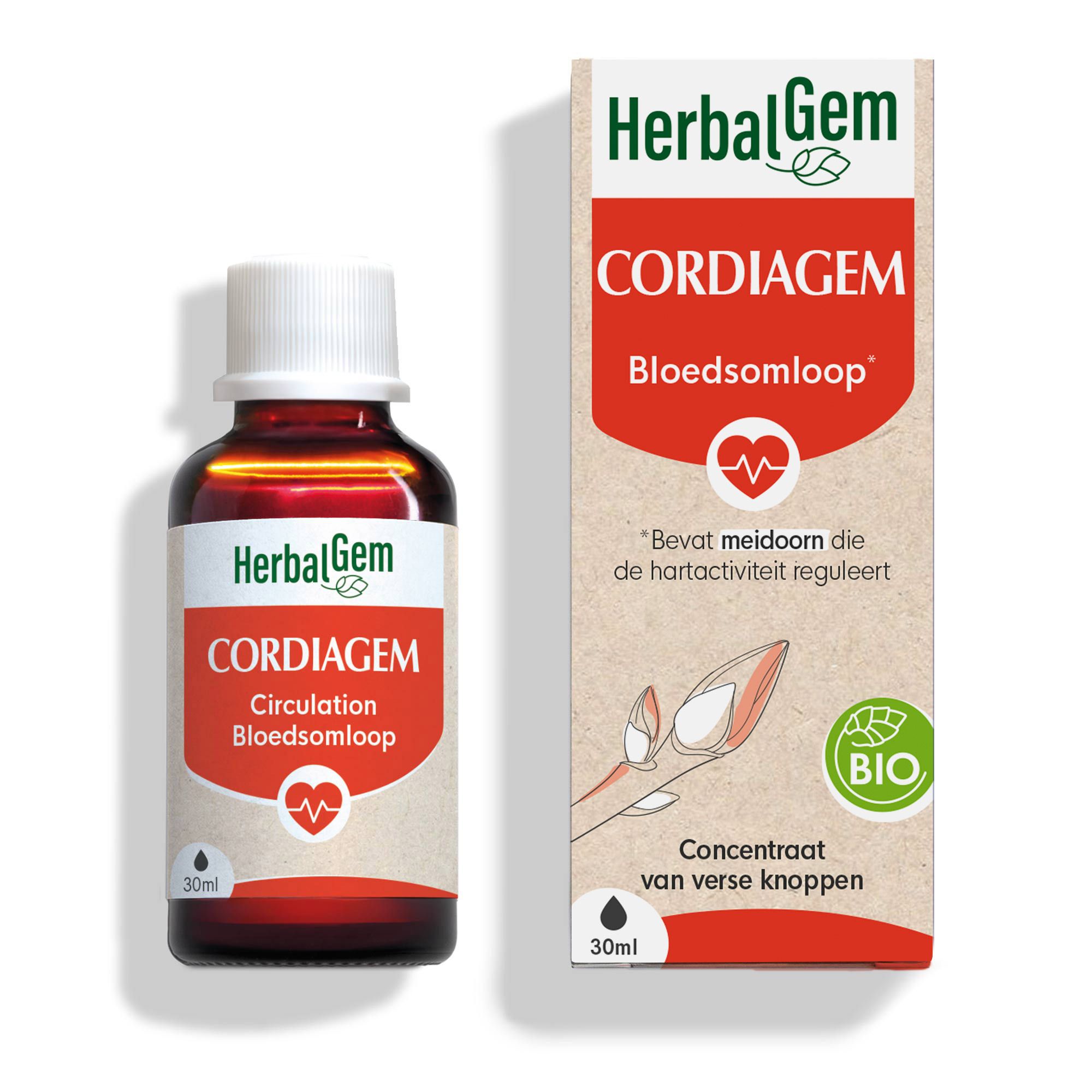 HerbalGem Cordiagem fles en doos. Fles bruin, witte dop. Doos met logo, tekst en bio-label. 30ml.