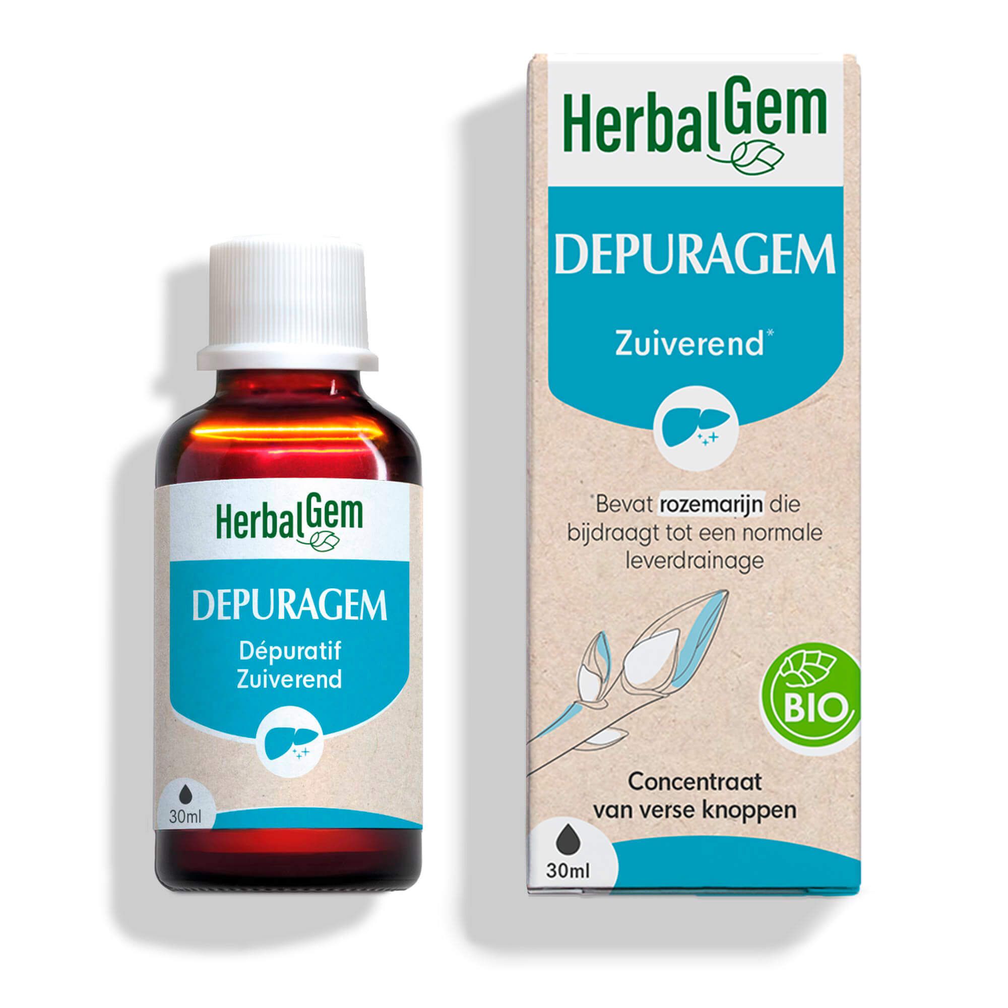 Bruine fles, witte dop en doos. HerbalGem Depuragem. 30ml.
