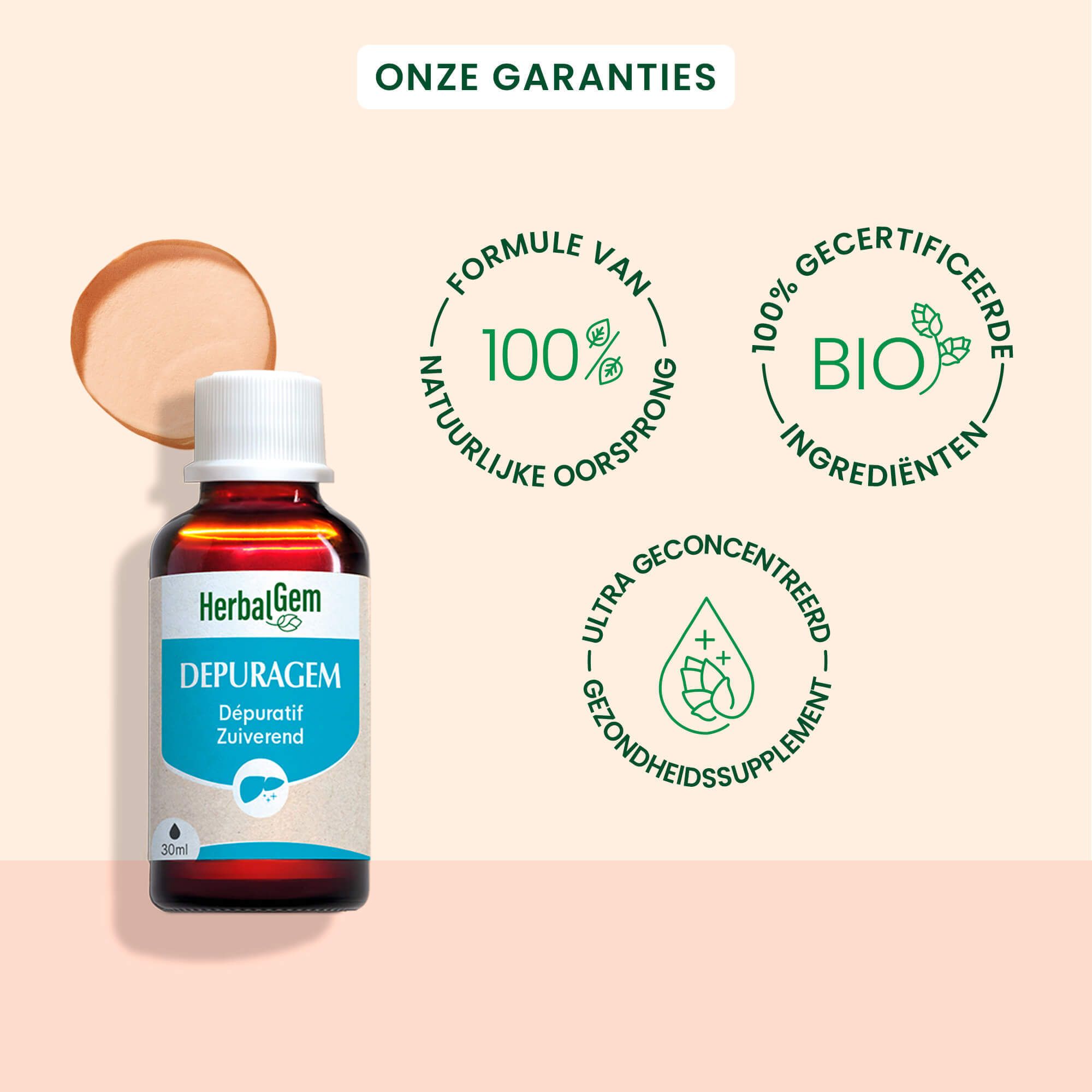 Grafiek met tekst: Draineert en zuivert het lichaam. HerbalGem Depuragem.