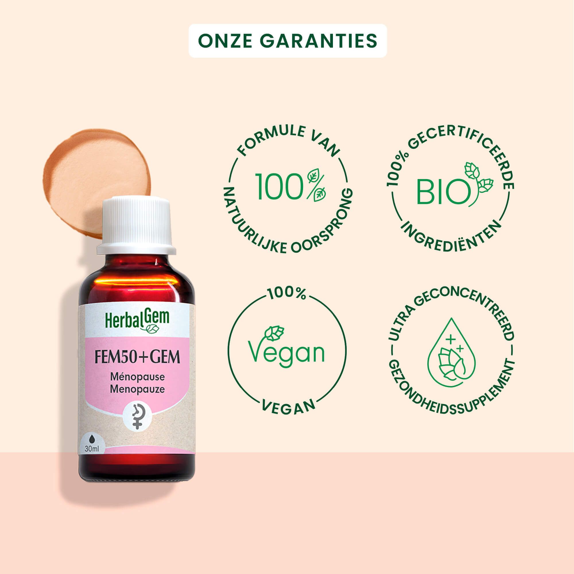 Bruine fles, witte dop. Tekst: Onze garanties. 100% natuurlijk, vegan, Bio, ultra-geconcentreerd.