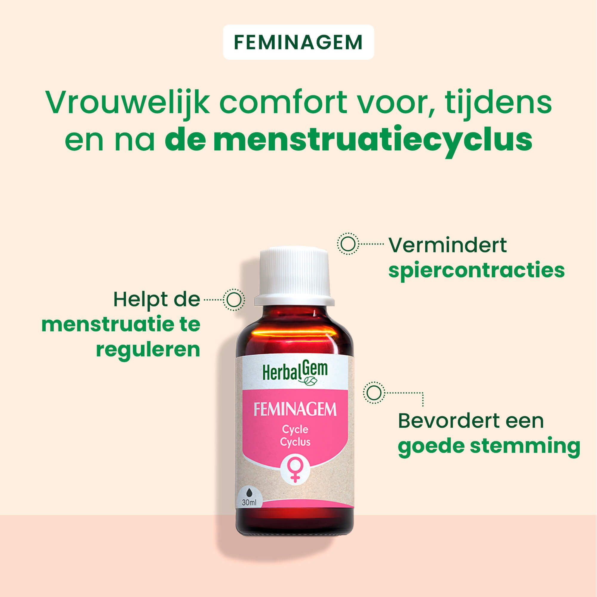 Fles met tekst en logo. Tekst: Vrouwelijk comfort voor, tijdens en na de menstruatiecyclus.