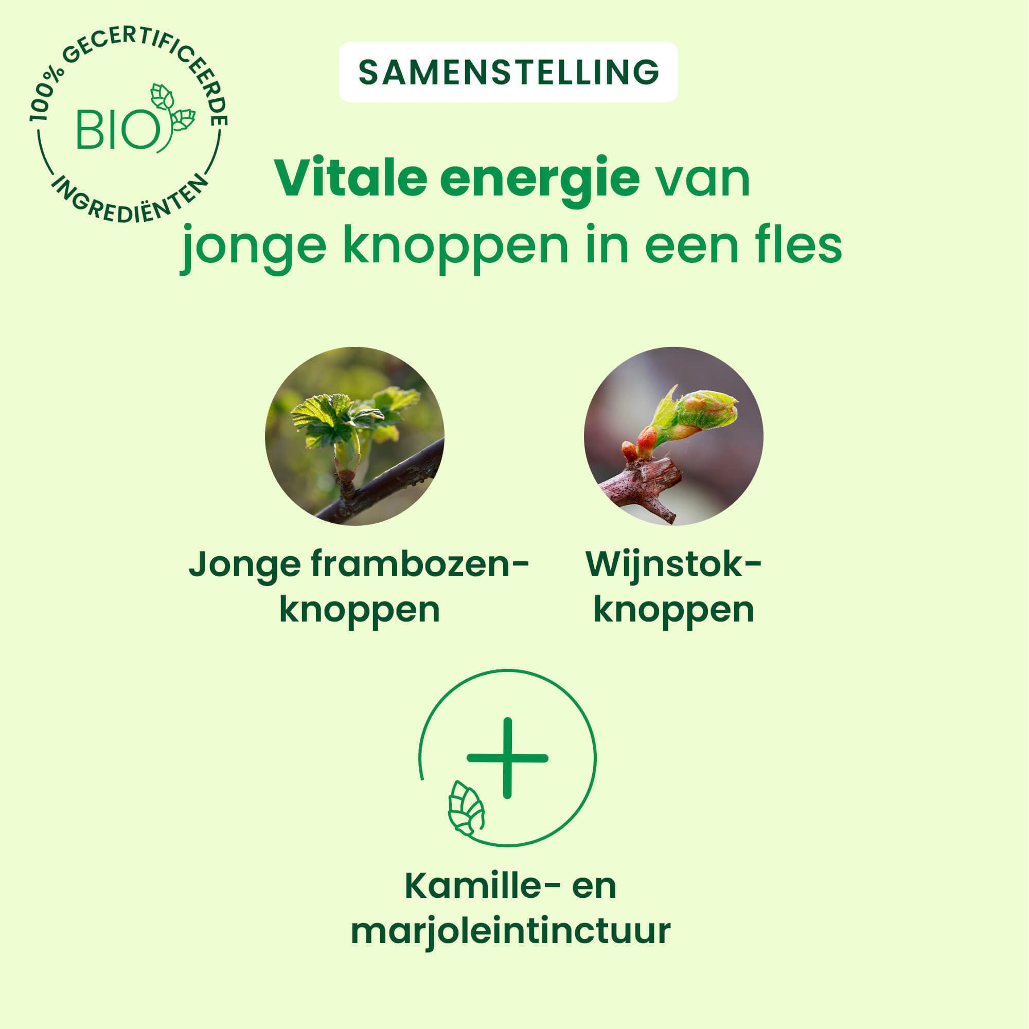 Bruine glazen fles met witte dop. Etiket met tekst en logo. 30ml fles.