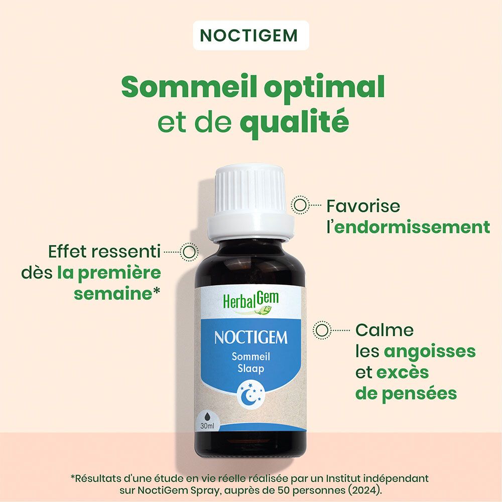 Flacon Noctigem. Texte: Sommeil optimal et de qualité. Favorise l'endormissement. Calme les angoisses.