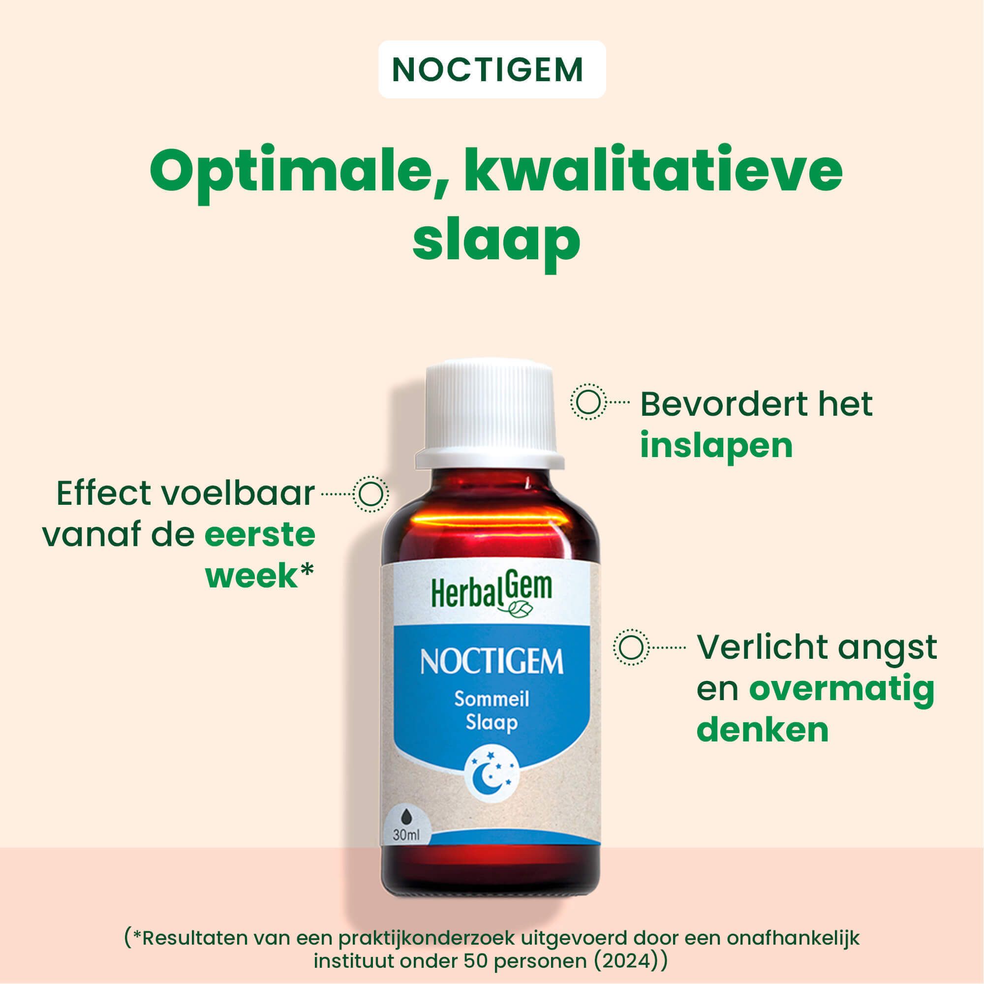 Flesje Noctigem. Tekst: Optimale, kwalitatieve slaap. Bevordert het inslapen. Verlicht angst.