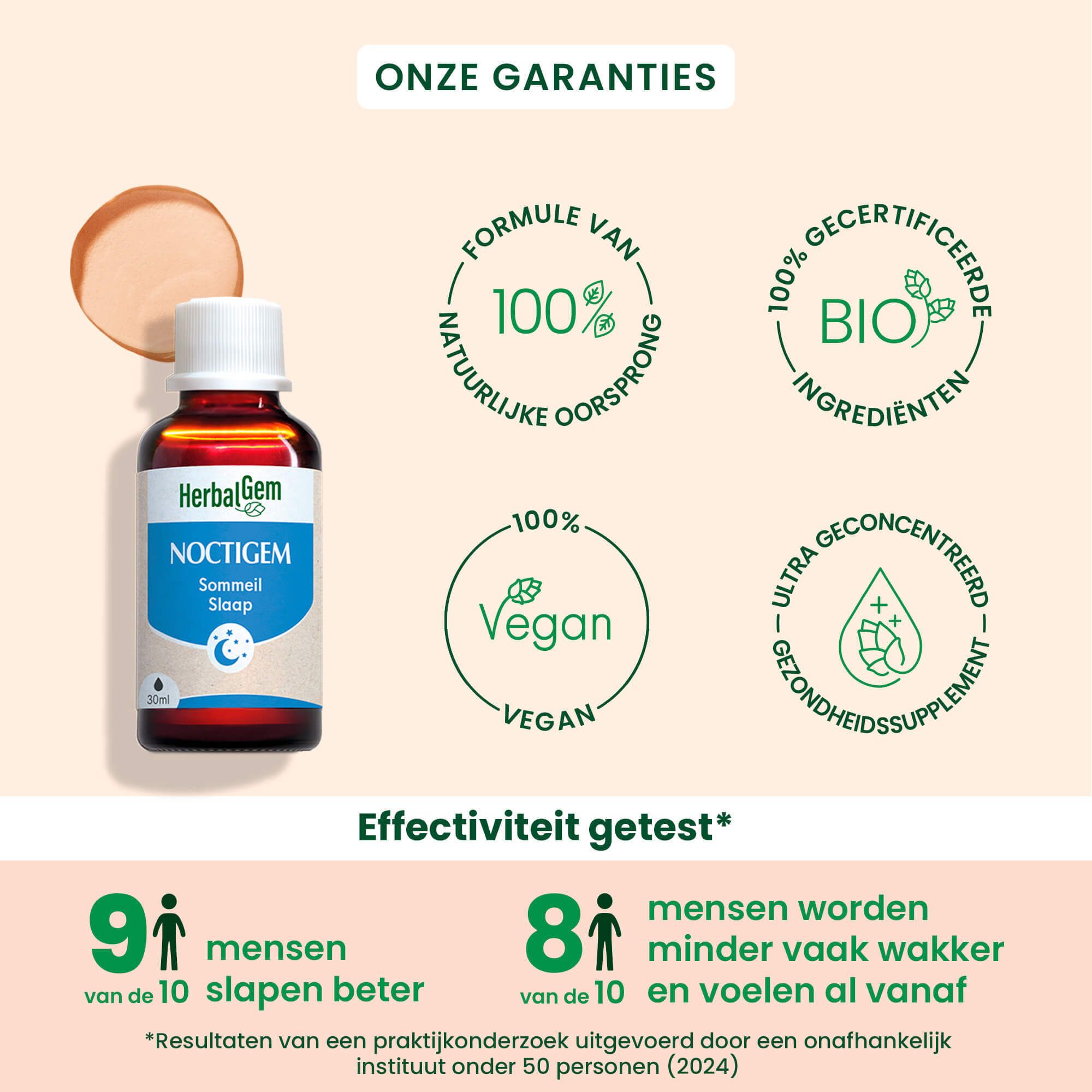 Flesje Noctigem. 100% natuurlijke ingrediënten. Vegan. BIO-certificering. Ultra-geconcentreerd.