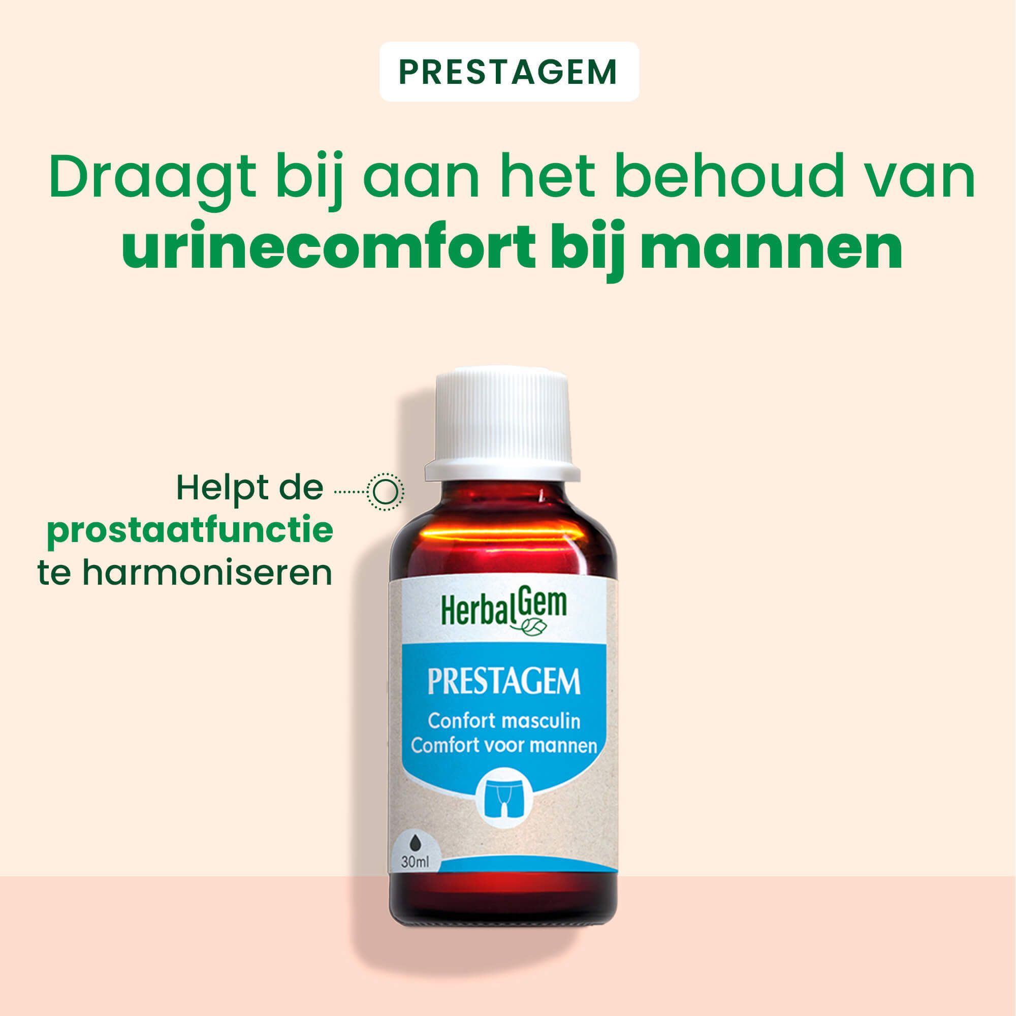 Bruine glazen fles met witte dop. Etiket met HerbalGem, PRESTAGEM, Comfort masculin en ondergoed-symbool.