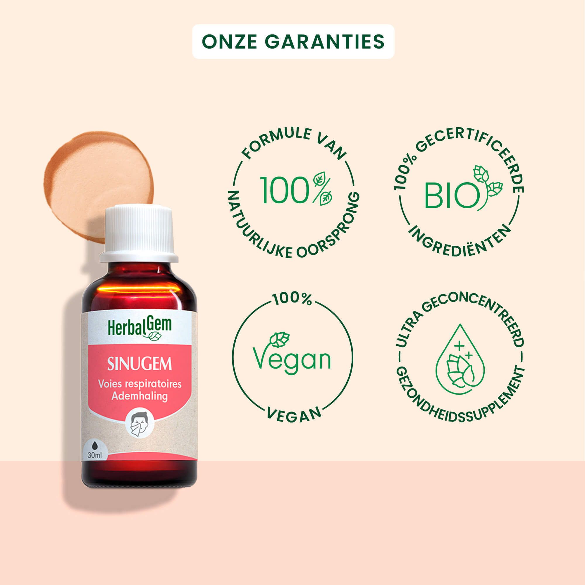 HerbalGem SINUGEM fles. Bruin glas, witte dop. Opschrift SINUGEM, Voies respiratoires, Ademhaling. Bio-certificering.