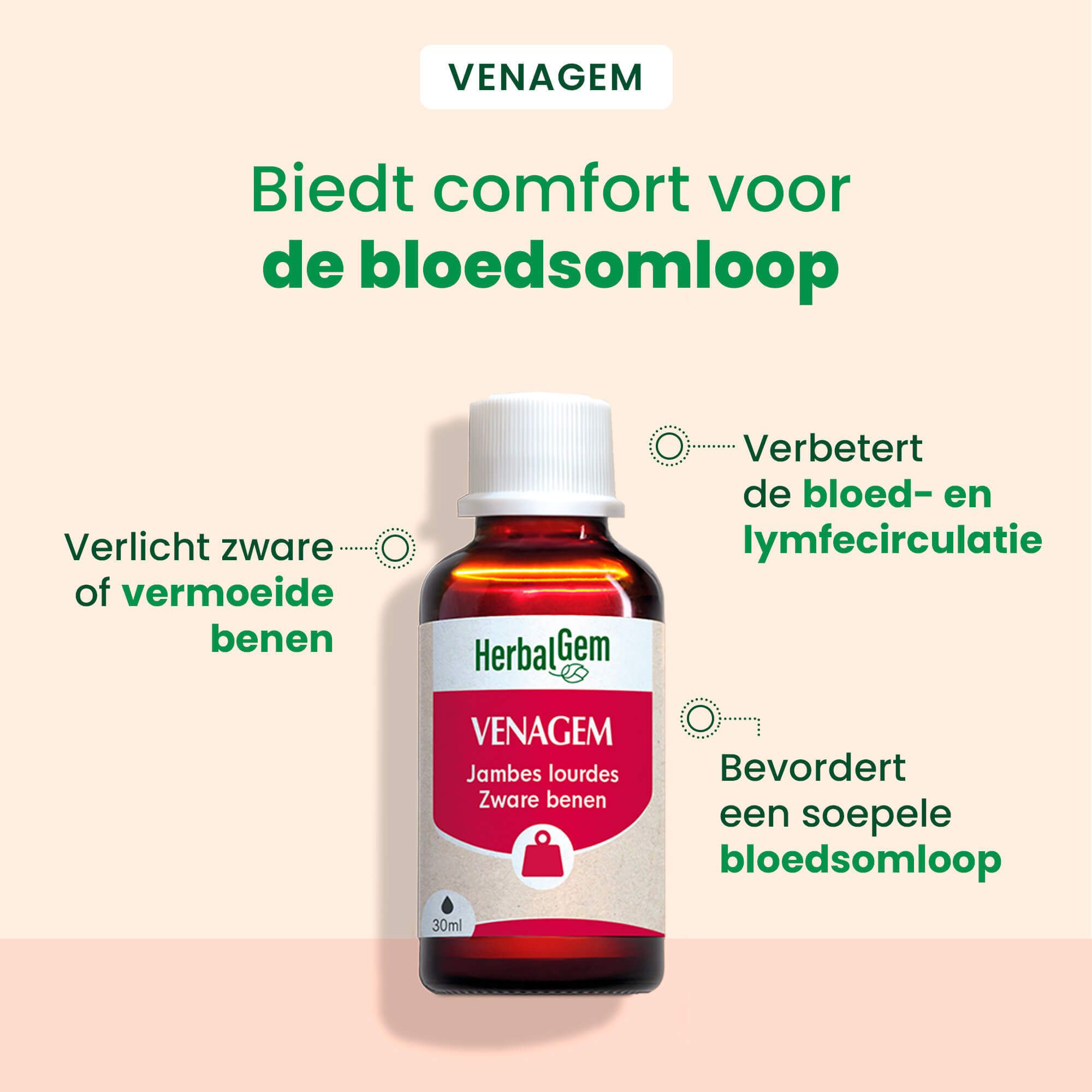 Bruine glazen fles met witte dop. Etiket met productnaam en logo. Bio-certificering.