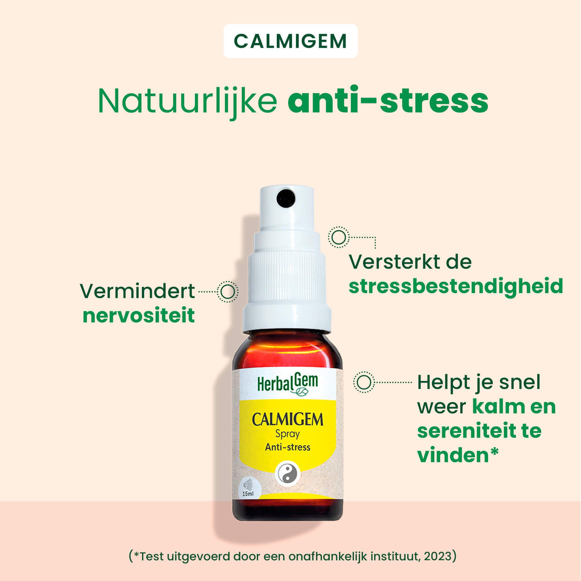 Bruine fles met verstuiver. HerbalGem Calmigem Spray Anti-stress. Tekst: Vermindert nervositeit, versterkt stressbestendigheid.