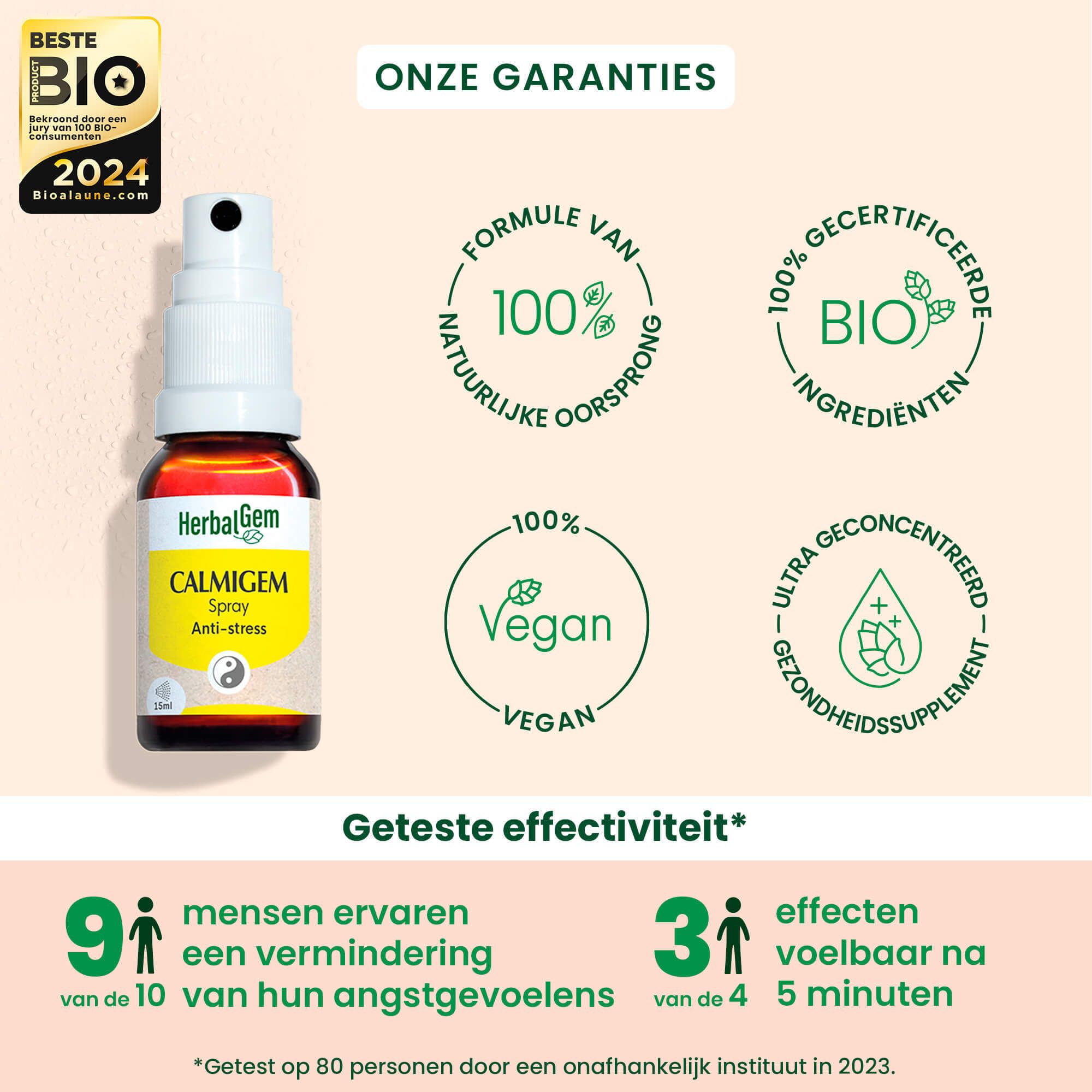 Bruine fles met verstuiver. HerbalGem Calmigem Spray Anti-stress. Logo's: Bio, Vegan. Tekst: 9/10 minder angst, effect in 5 min.