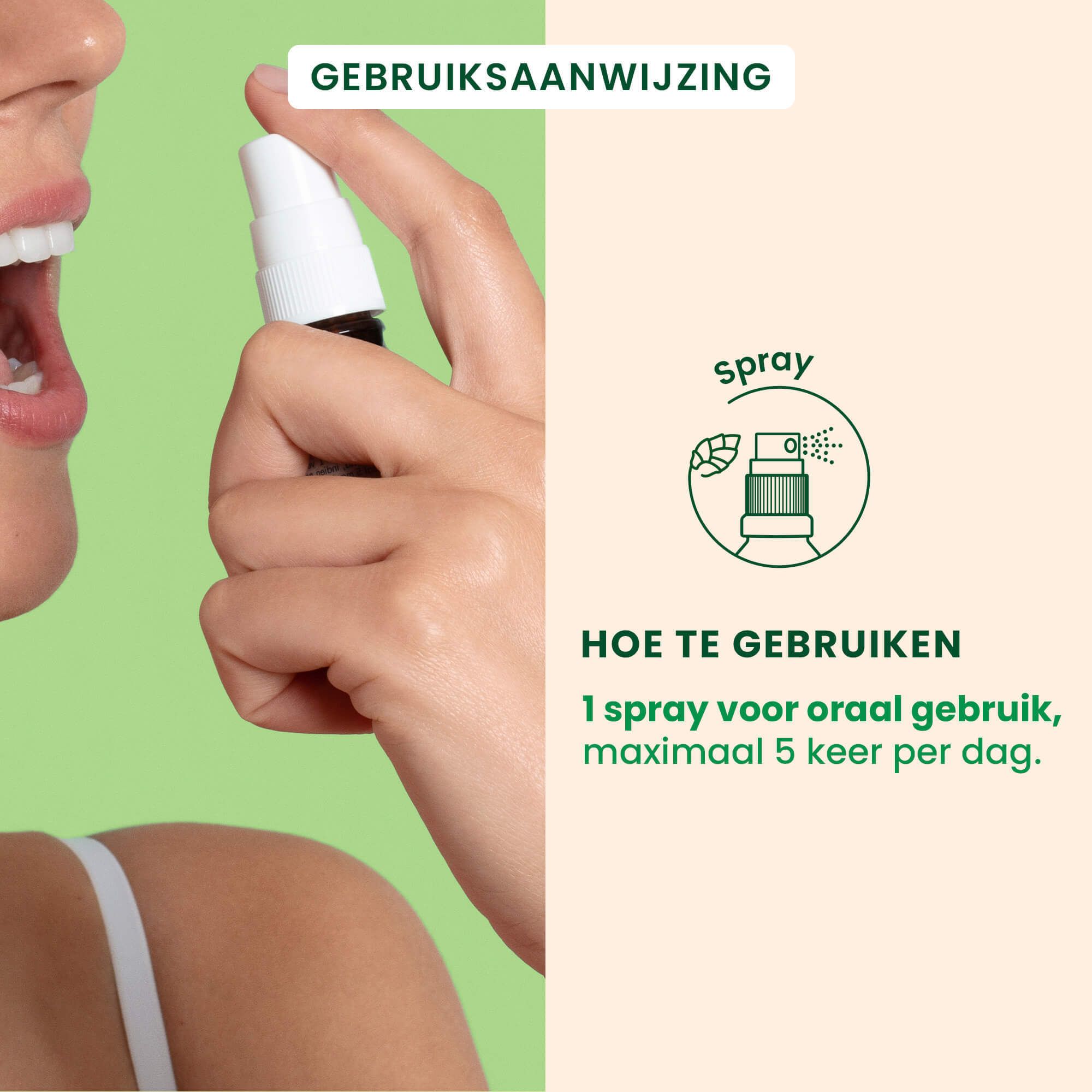 Mond van een persoon die een spray neemt. Tekst: 1 spray voor oraal gebruik, maximaal 5 keer per dag.