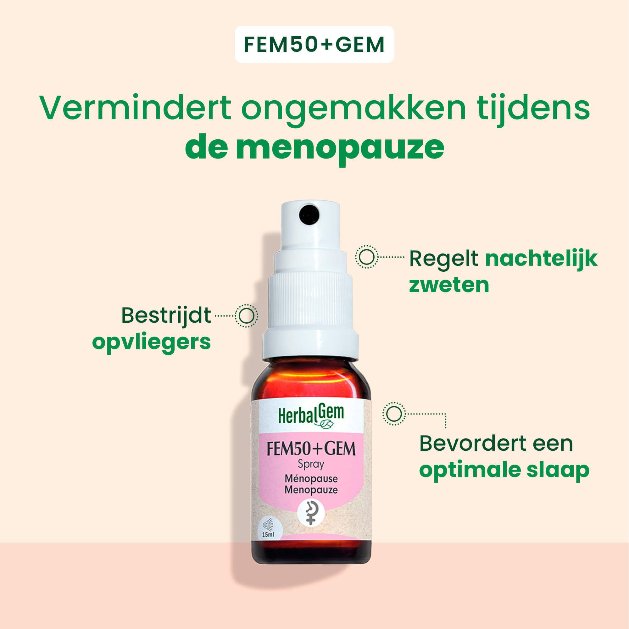 Sprayflesje HerbalGem FEM50+GEM Menopauze. 15ml. Tekst: Vermindert ongemakken.