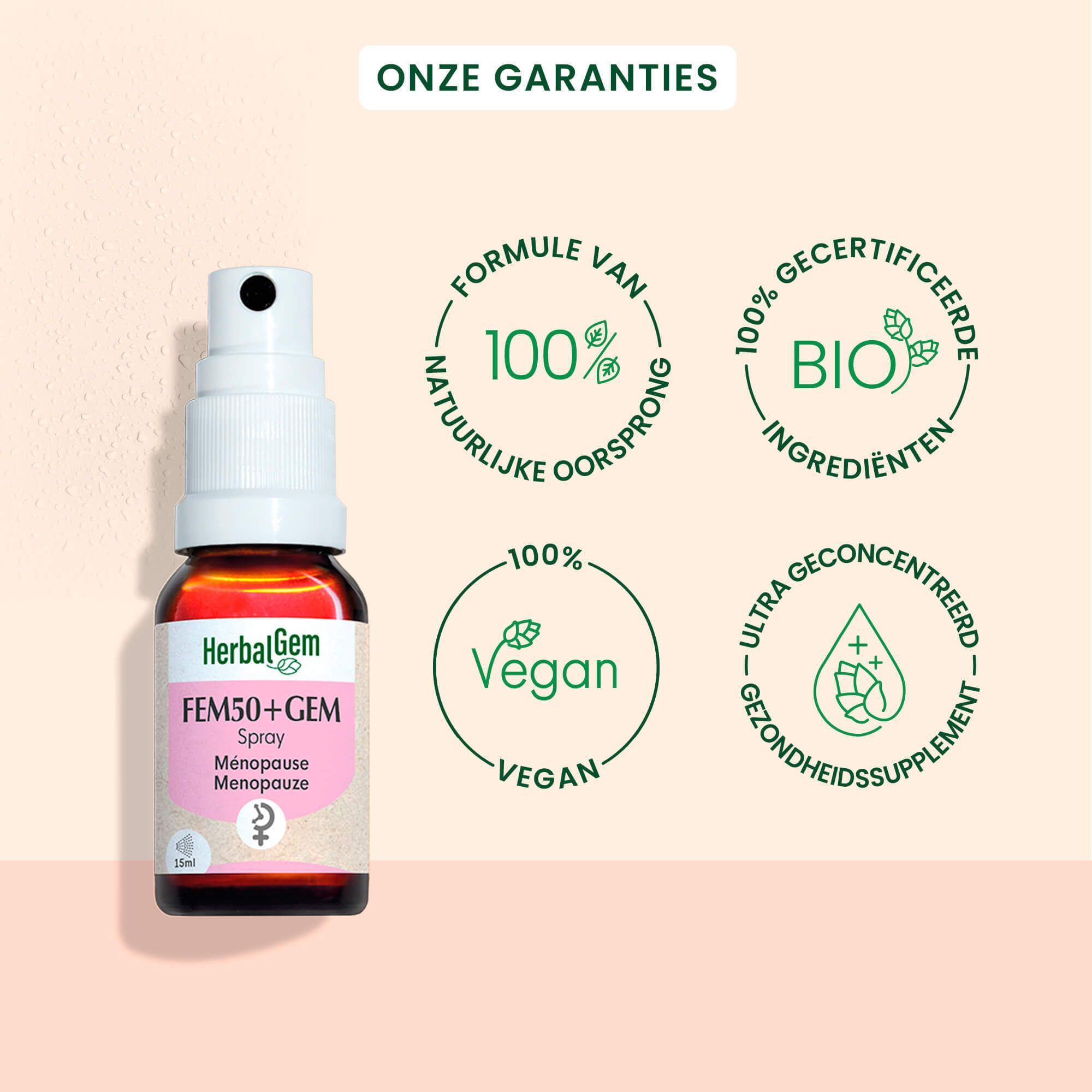 Sprayflesje HerbalGem FEM50+GEM Menopauze. 15ml. Logo's: 100% natuurlijk, vegan.
