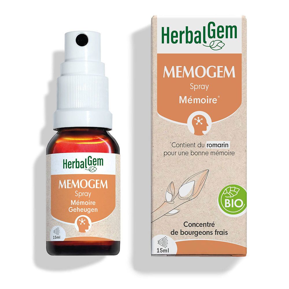 Flacon et emballage du produit. Flacon avec vaporisateur blanc. Emballage avec nom du produit MEMOGEM Spray et logo. 15ml.
