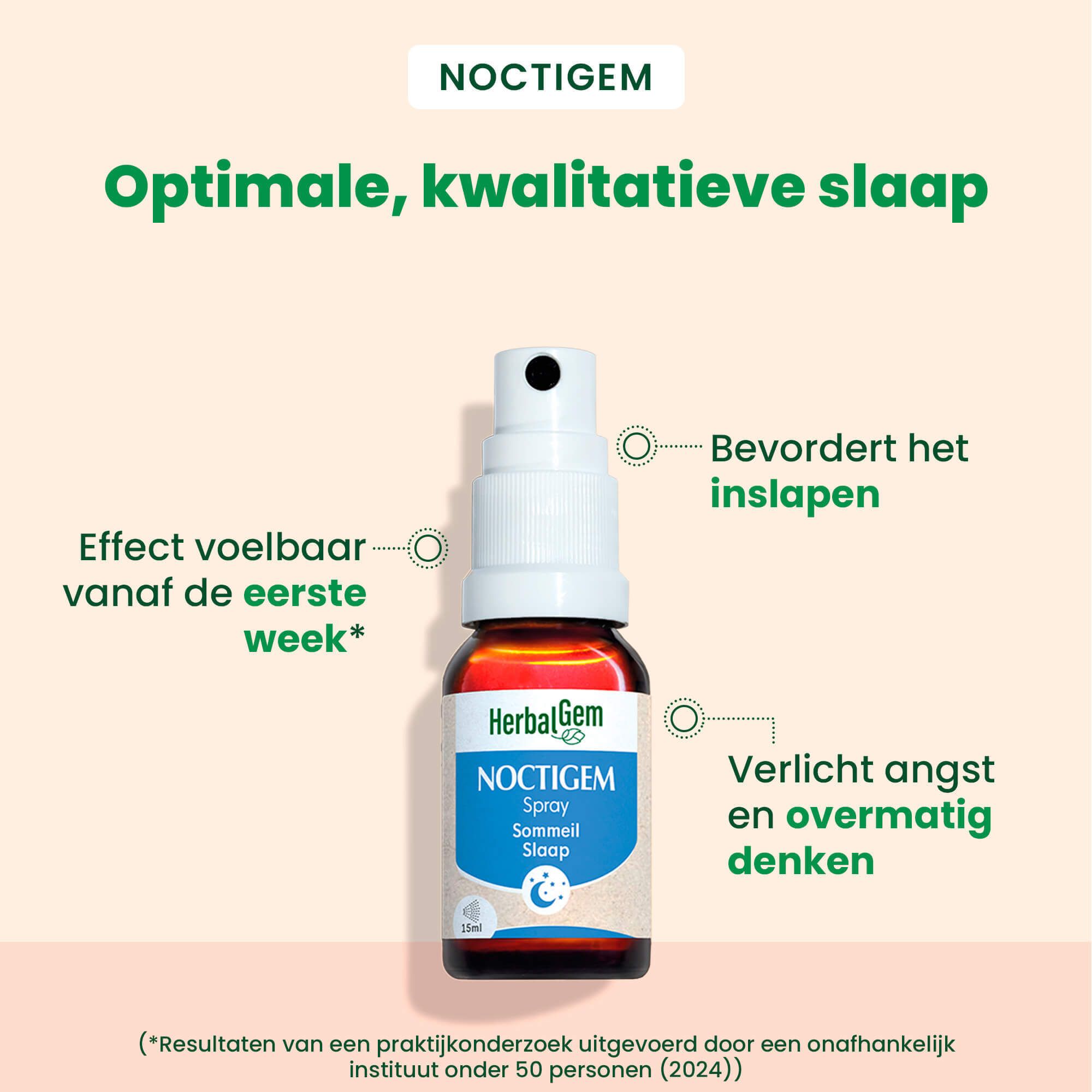 Fles met spraykop. Tekst: Optimale, kwalitatieve slaap. Tekst en afbeeldingen.