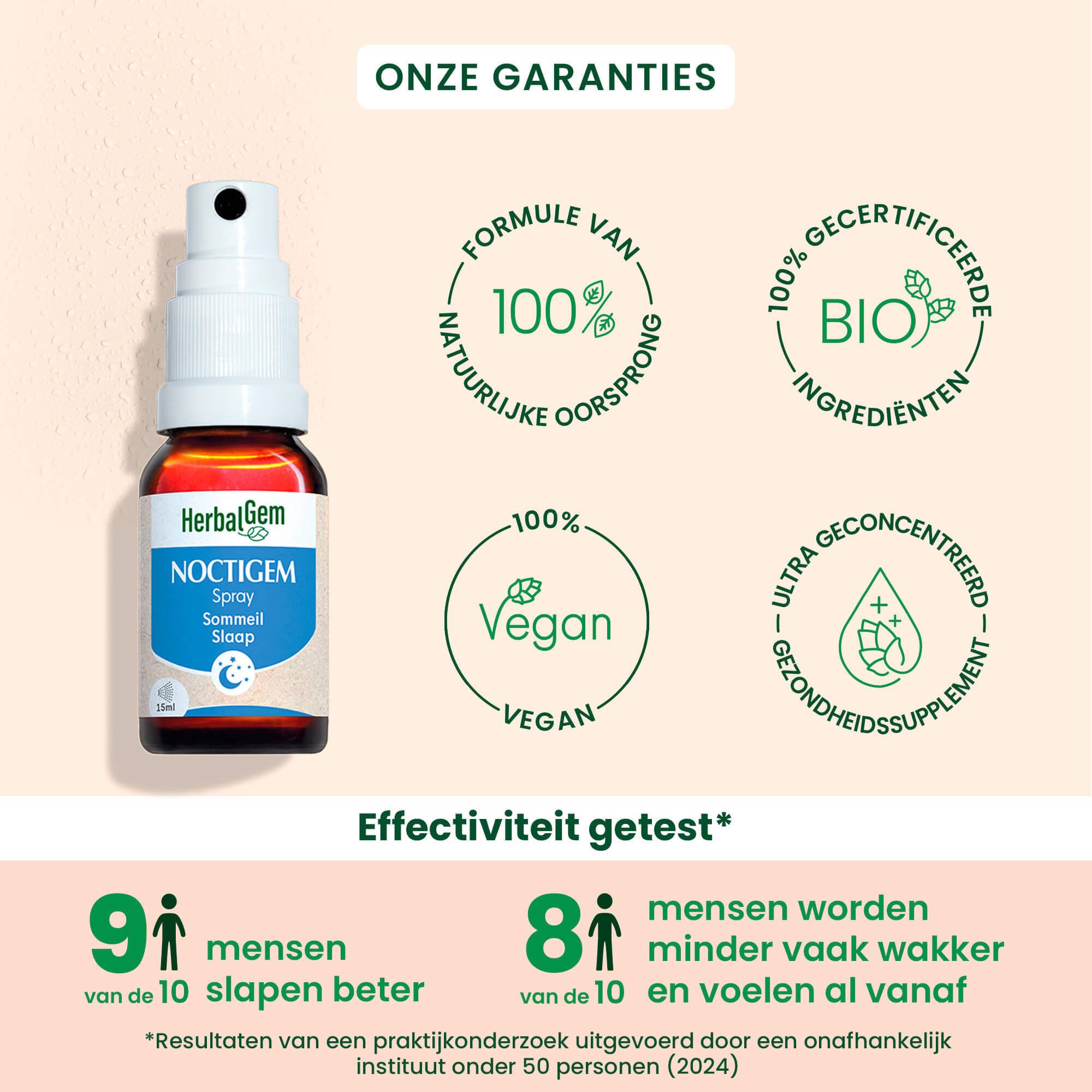 Fles met spraykop. Tekst: Optimale, kwalitatieve slaap. Tekst en afbeeldingen.