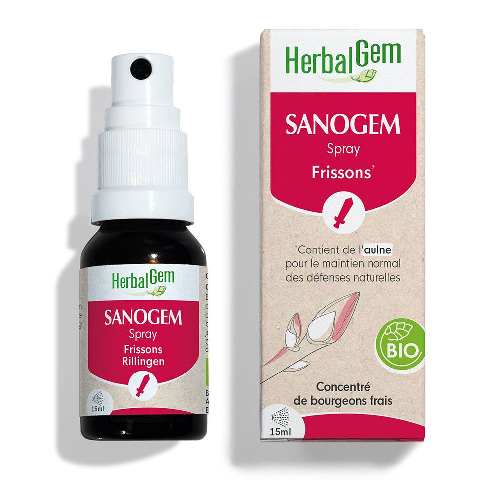 Bruine glazen fles met spraykop en doos. Opschrift: HerbalGem SANOGEM Spray. BIO-certificering.