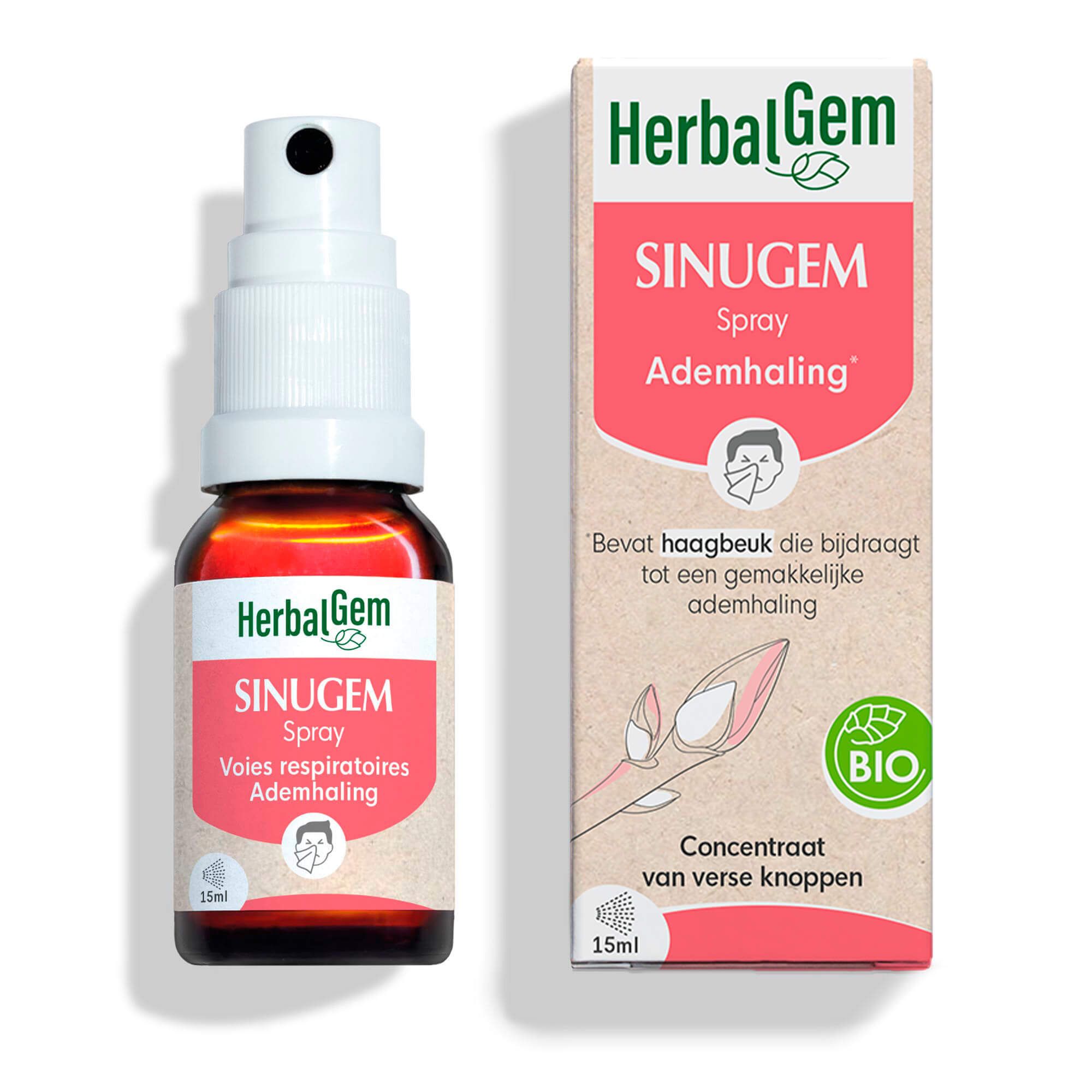 HerbalGem SINUGEM Spray, 15ml fles en verpakking. Productnaam en logo zichtbaar. BIO-certificering.