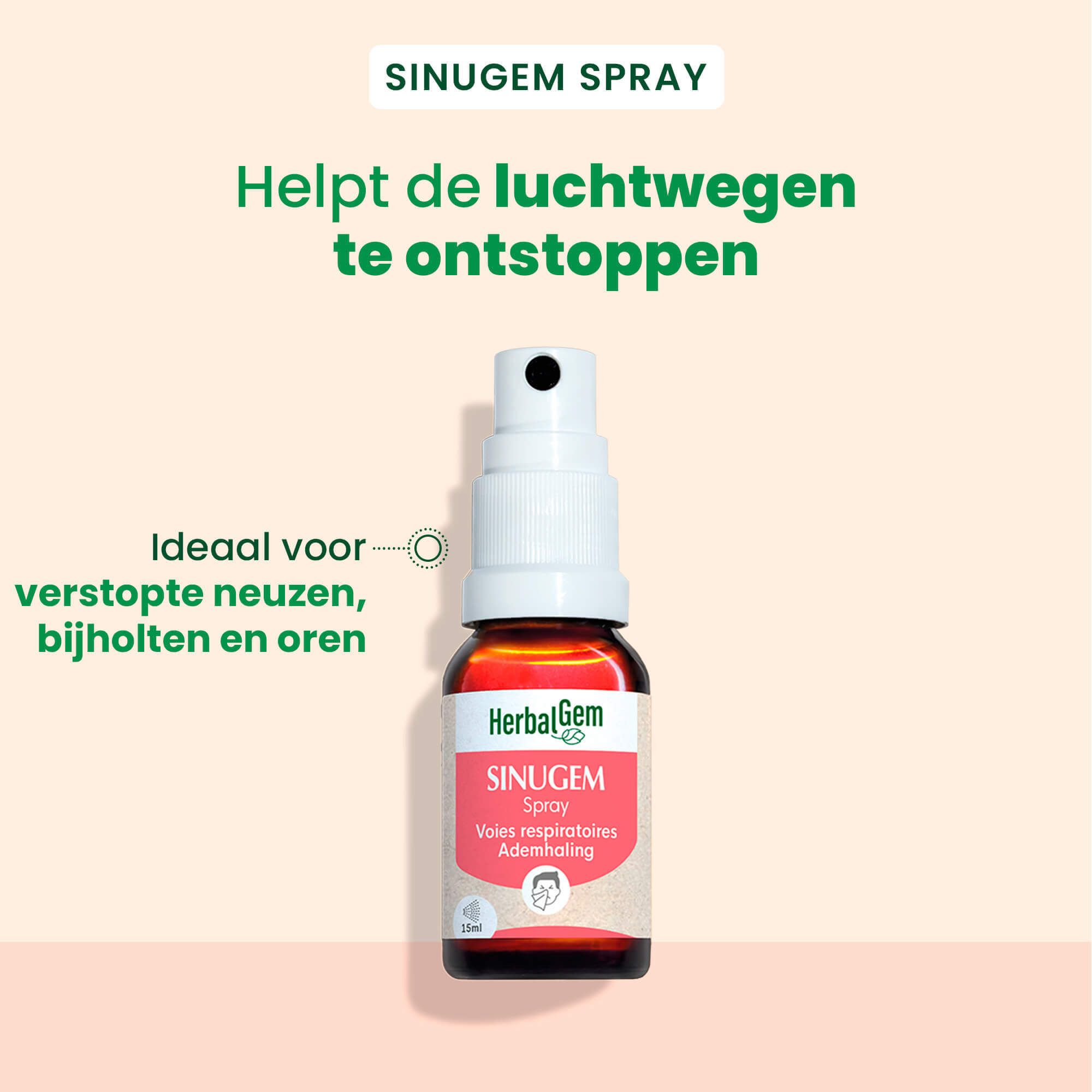 HerbalGem SINUGEM Spray, bruine fles met witte sproeikop. Productnaam en logo zichtbaar. BIO-certificering.