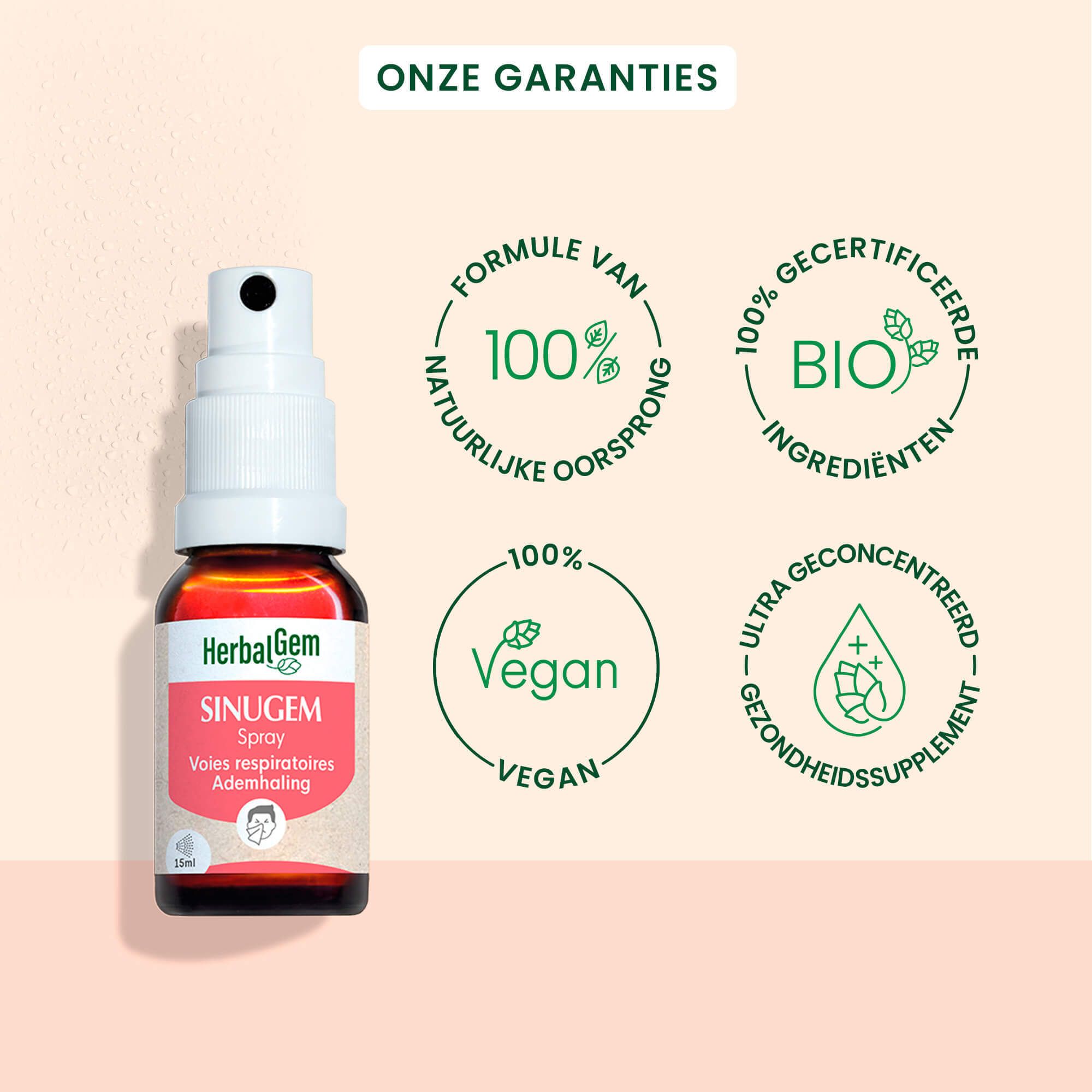 HerbalGem SINUGEM Spray, bruine fles met witte sproeikop. Productnaam en logo zichtbaar. BIO-certificering.