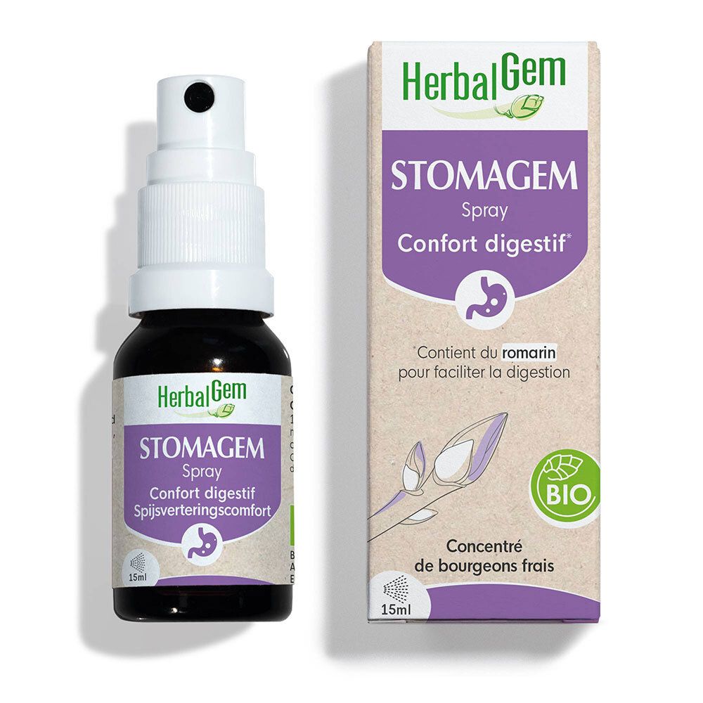 Bruine glazen fles met witte spraykop en doos. Opschrift: HerbalGem STOMAGEM Spray. BIO-certificering.