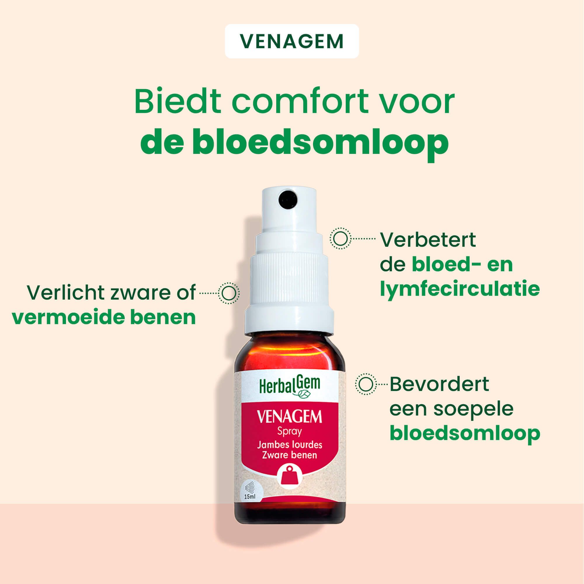 Venagem Spray fles. Tekst: Biedt comfort voor de bloedsomloop. Verlicht zware of vermoeide benen. Verbetert de bloed- en lymfecirculatie.