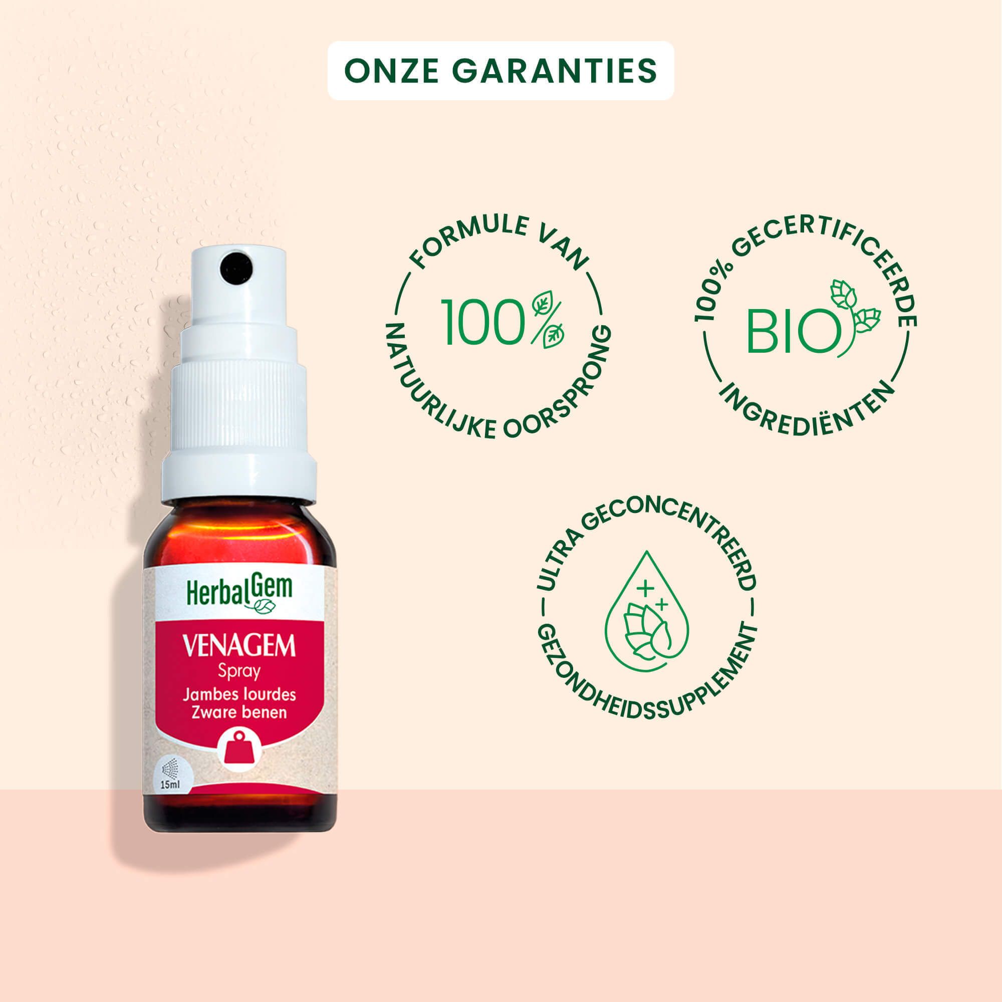 Venagem Spray fles. Opschrift: HerbalGem Spray, Zware benen. 15ml. Bio-label. Illustratie been.