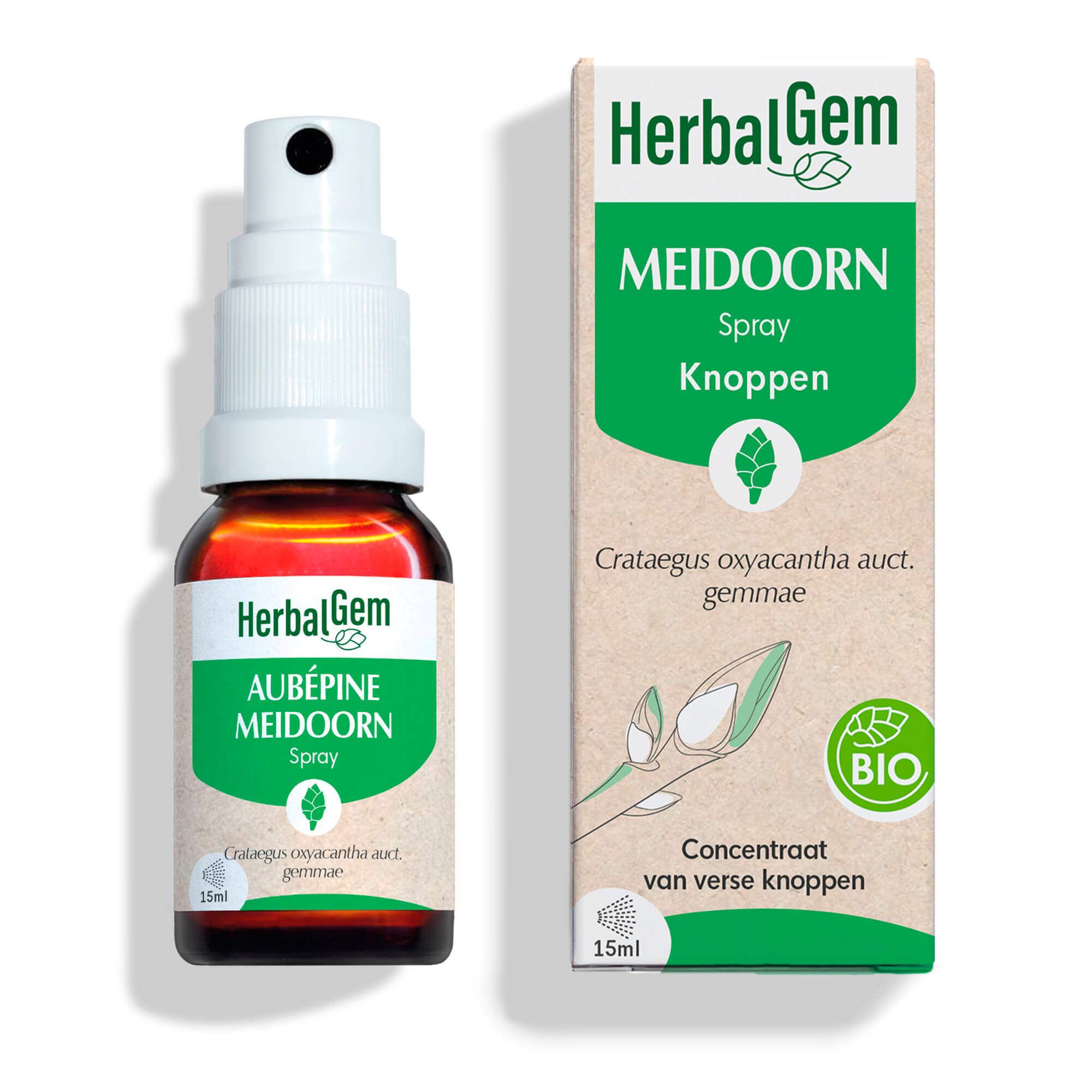Bruine sprayfles en doos. Opschrift: HerbalGem Aubépine Meidoorn Spray. Bio-certificering.