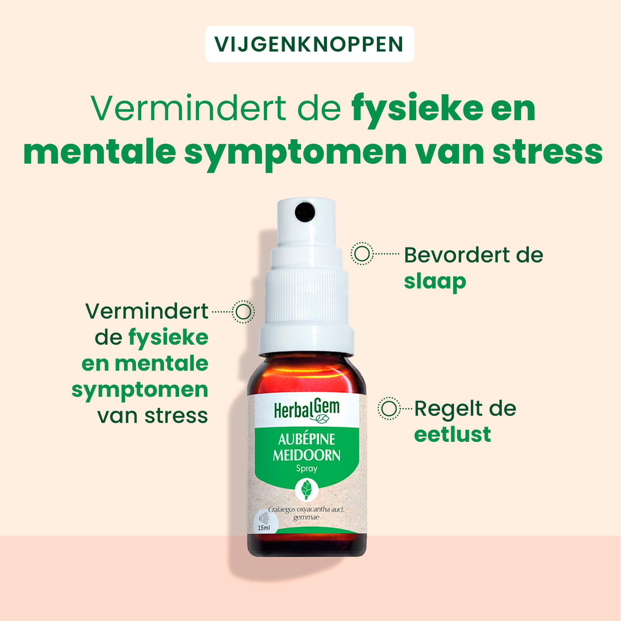 Sprayfles. Tekst: Vermindert de fysieke en mentale symptomen van stress. Bevat: Bevoordert de slaap, Regelt de eetlust.