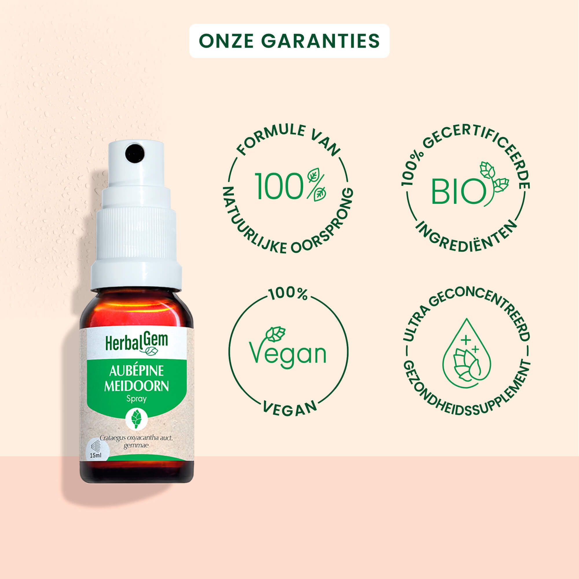 Bruine sprayfles. Tekst: HerbalGem Aubépine Meidoorn Spray. Bevordert het welzijn van het hart. Kalmeert het zenuwstelsel.