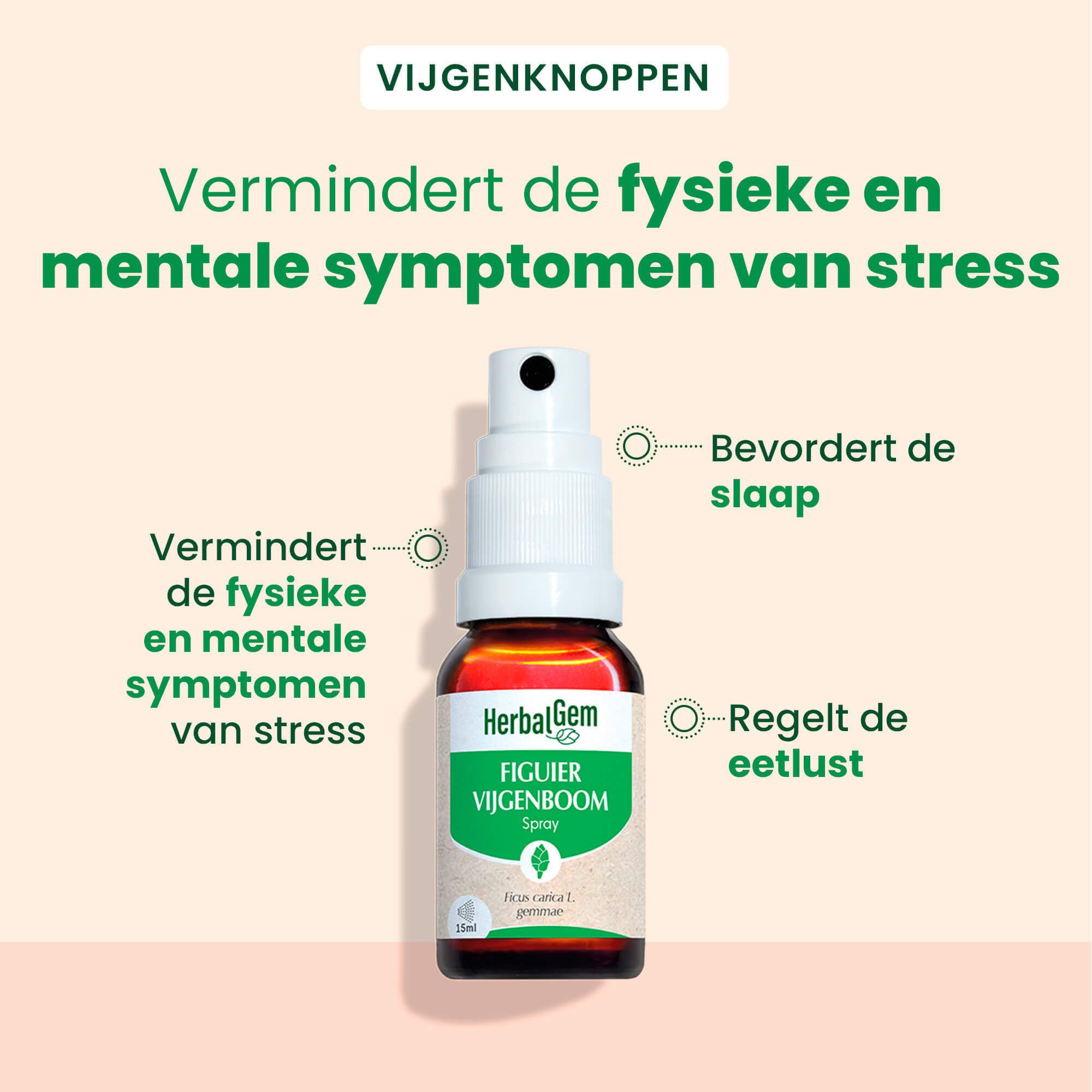 Product met tekst. Vermindert stresssymptomen. HerbalGem Figuier Vijgenboom Spray. Bevordert slaap, eetlust.