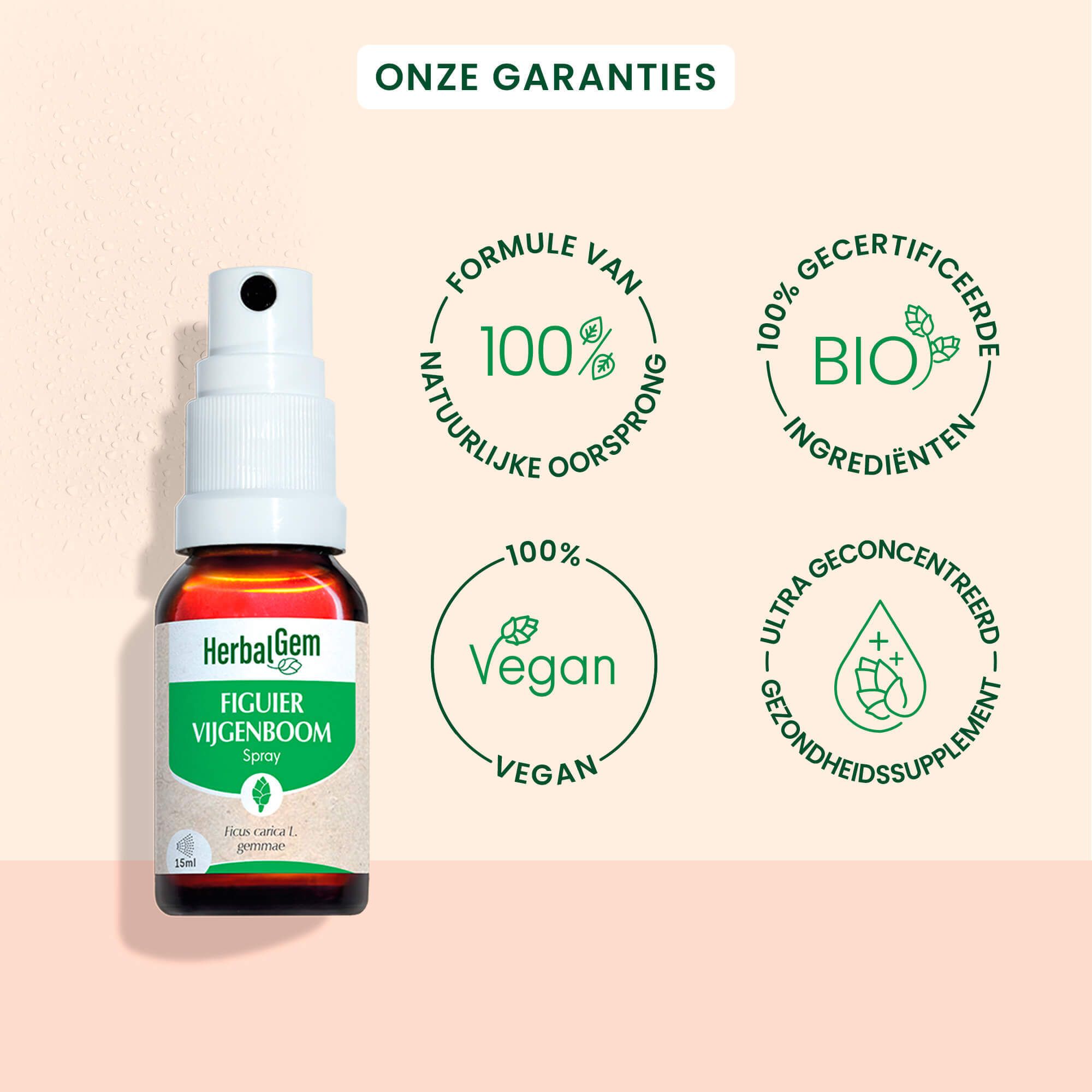 Product met tekst. 100% natuurlijke oorsprong, bio-certificering, vegan. HerbalGem Figuier Vijgenboom Spray.