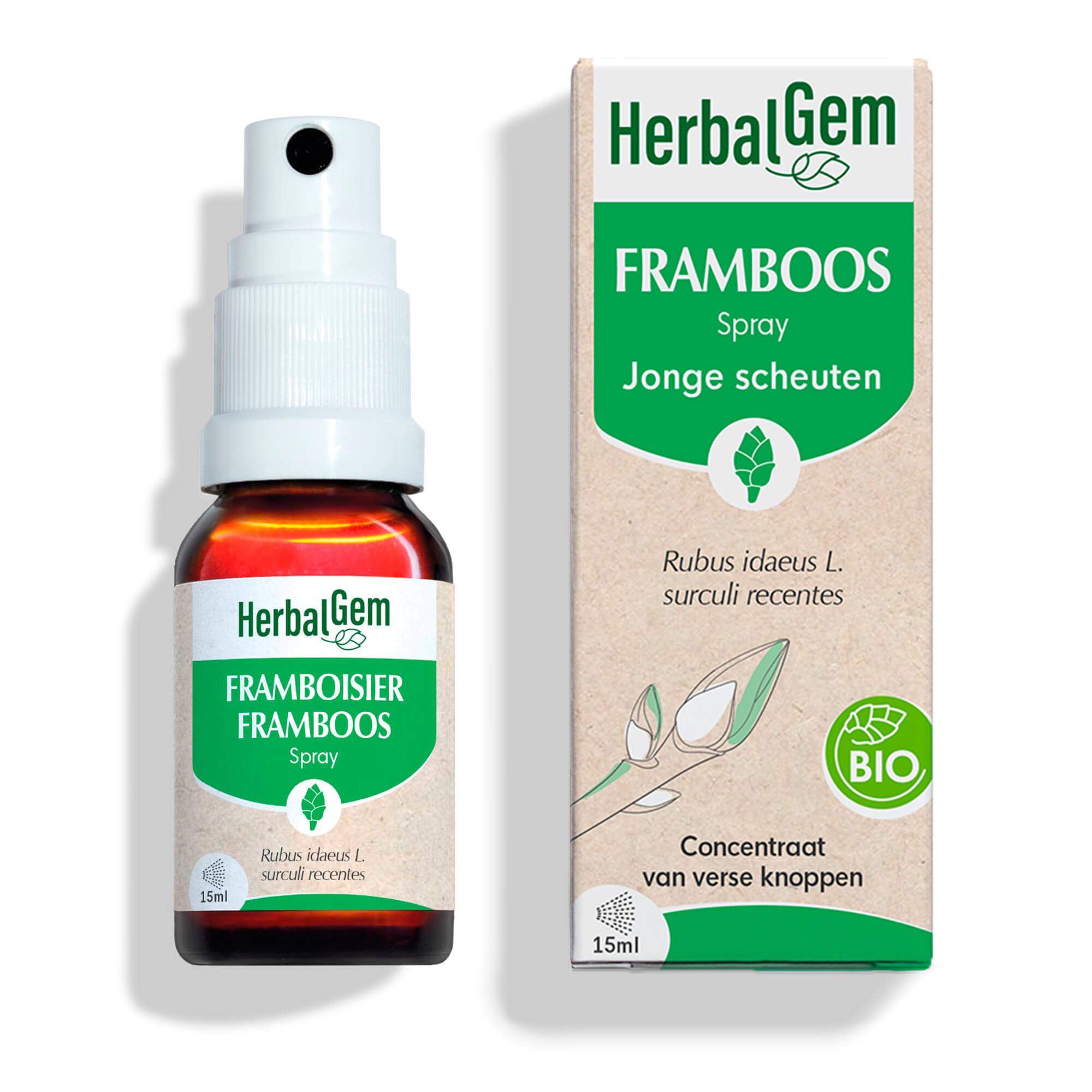 Bruine glazen fles met spraykop en doos. Opschrift: HerbalGem, Framboos Spray, 15 ml.
