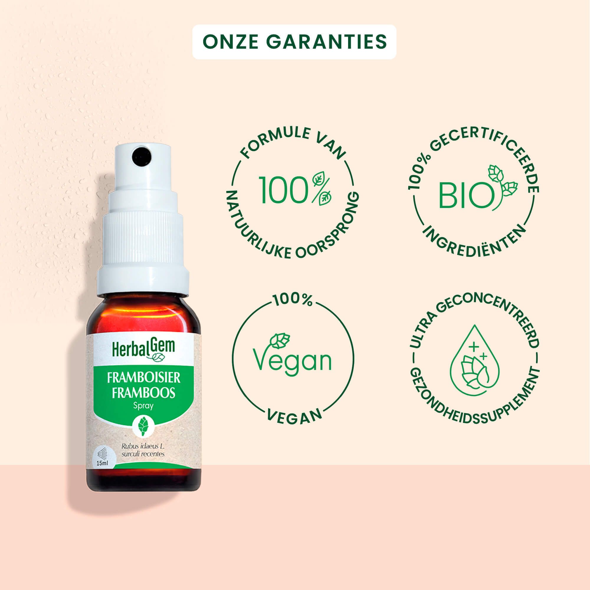 Tekst: 100% natuurlijke oorsprong, 100% bio ingrediënten, 100% vegan, Ultra geconcentreerd voedingssupplement.