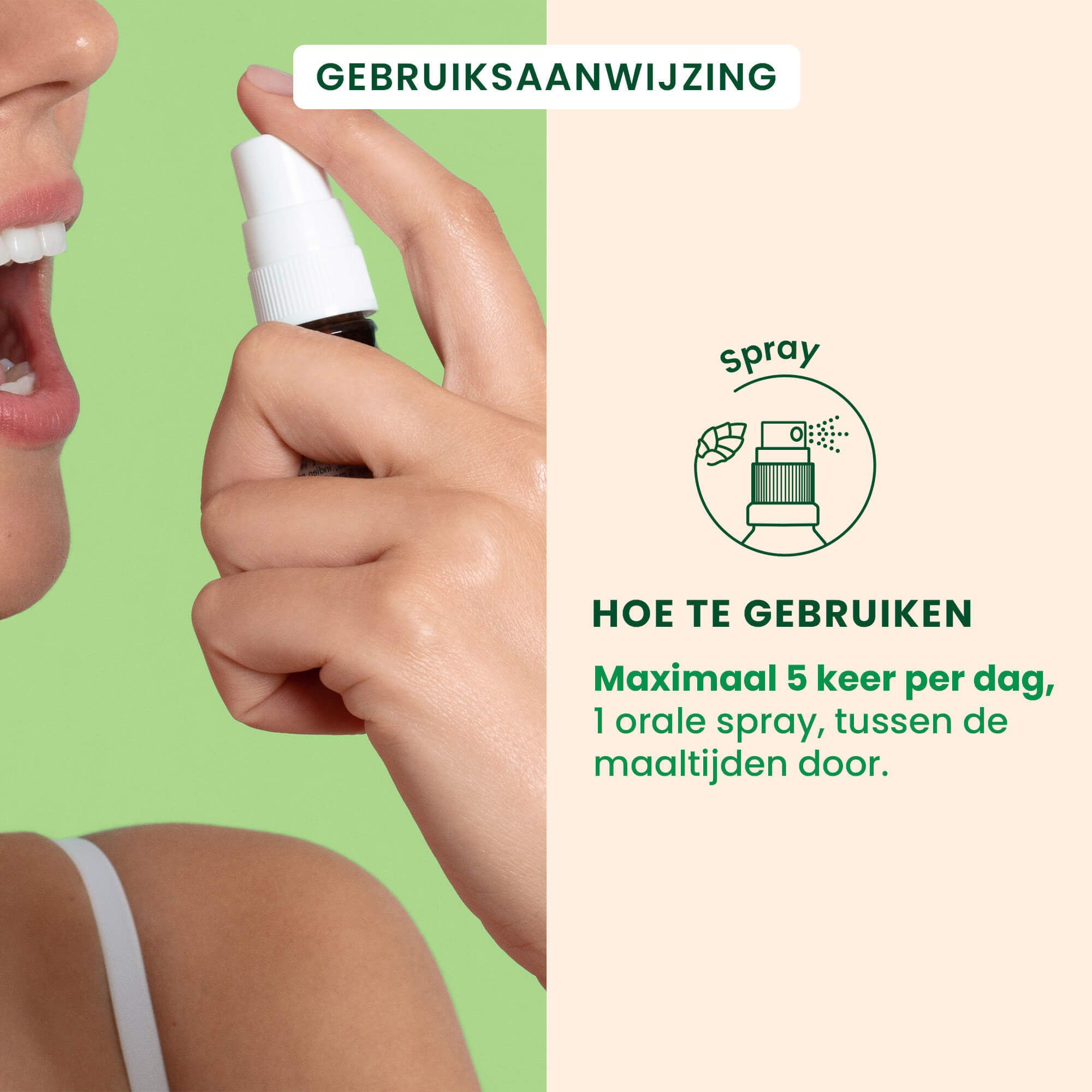 Mond van een persoon die een spray gebruikt. Tekst: Hoe te gebruiken: maximaal 5 keer per dag, 1 orale spray.