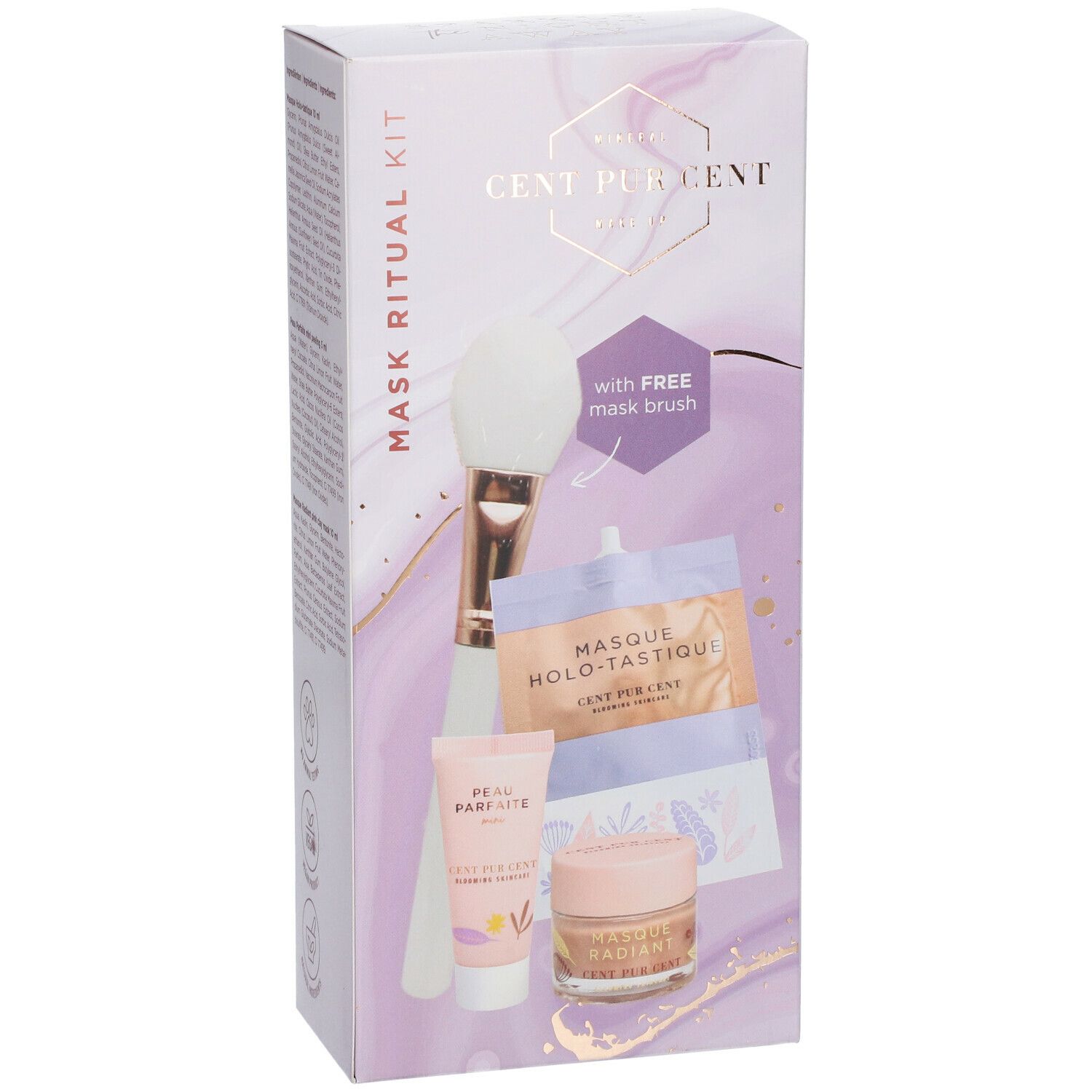 Geschenkset met maskers, borstel en crèmes. Verpakking met productnaam en logo. Bevat een masker, een crème, een tube en een borstel.