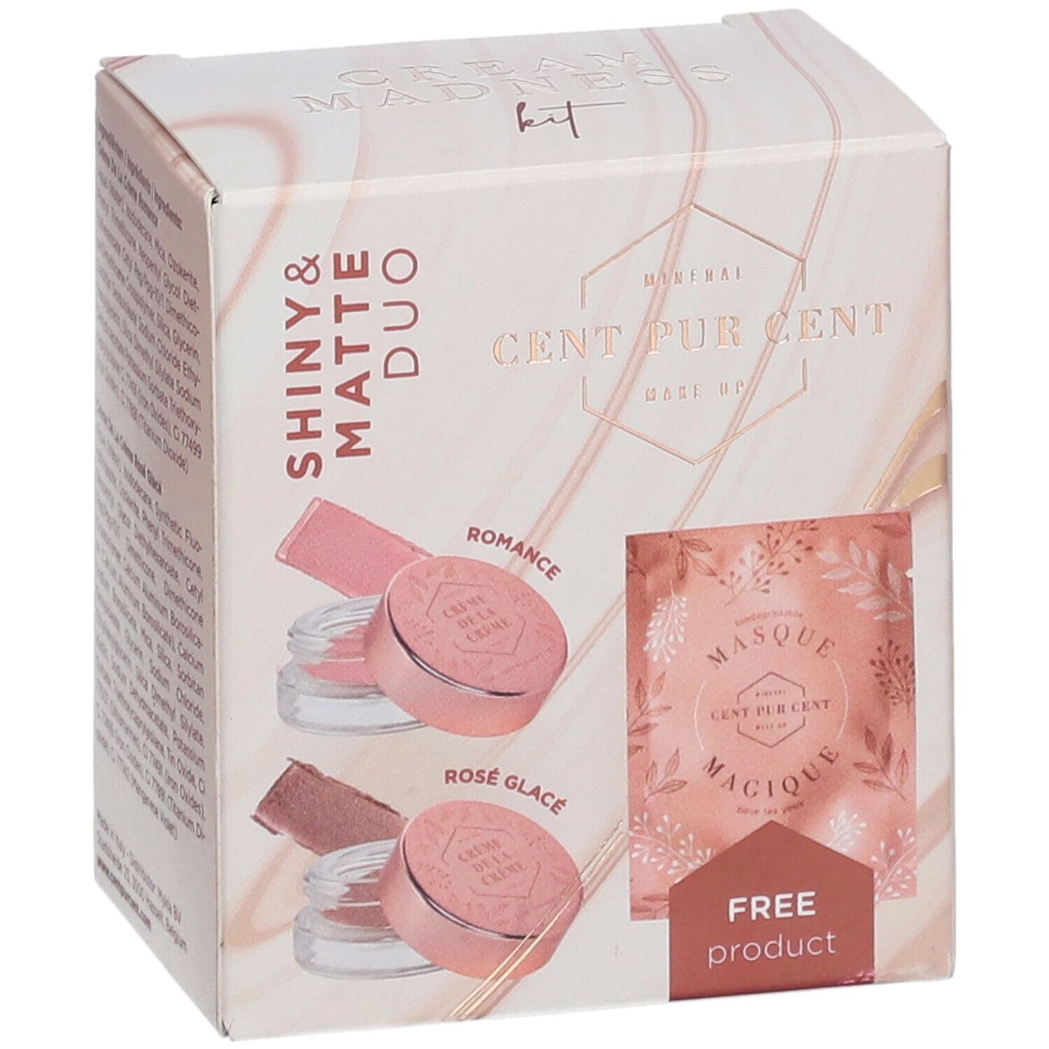 Boîte en carton avec illustrations de produits. Contient deux pots et un échantillon. Marque : Cent Pur Cent.