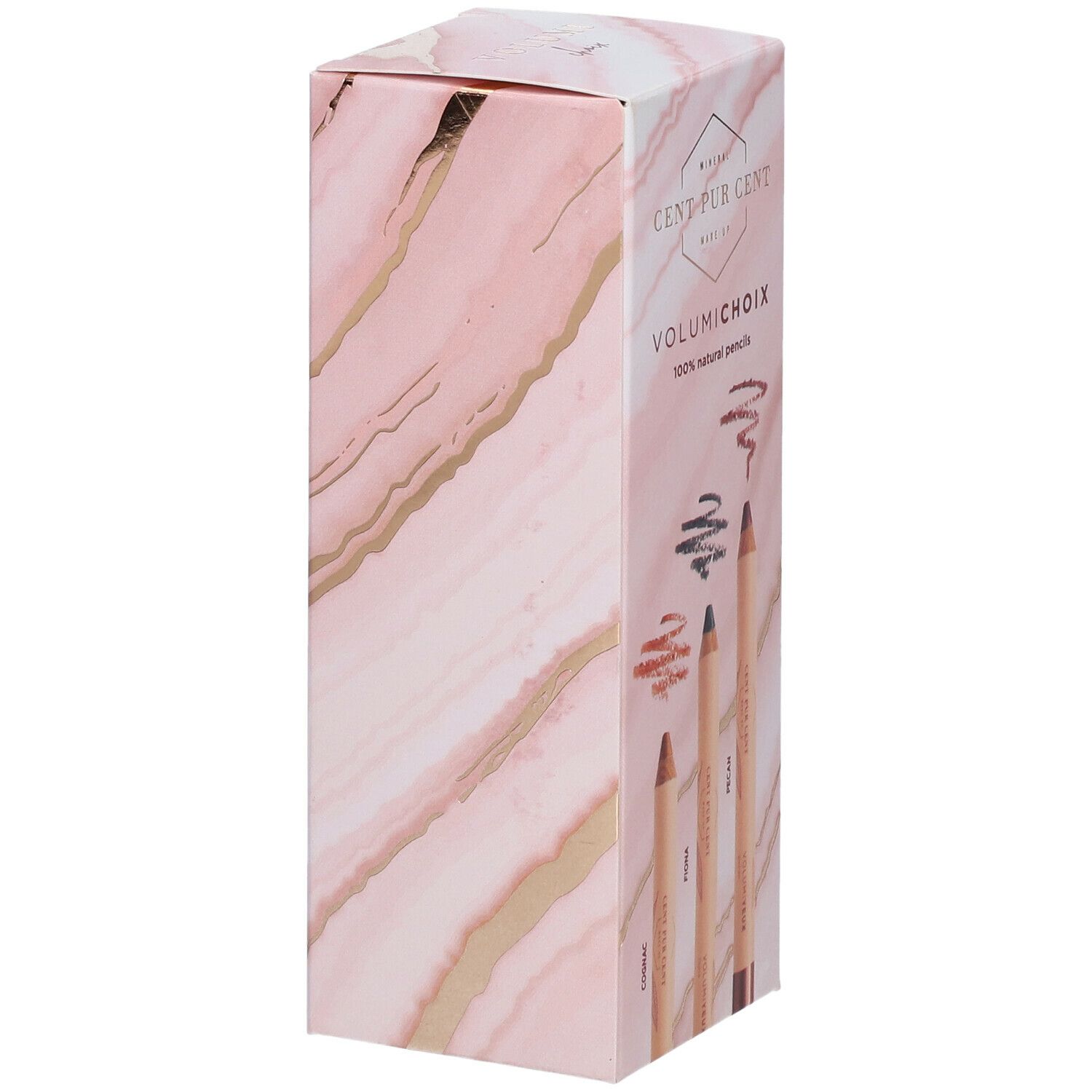 Emballage rose et blanc avec CENT PUR CENT Volumichoix. Quatre crayons avec traits de couleur. Emballage avec motif marbré et nom du produit.