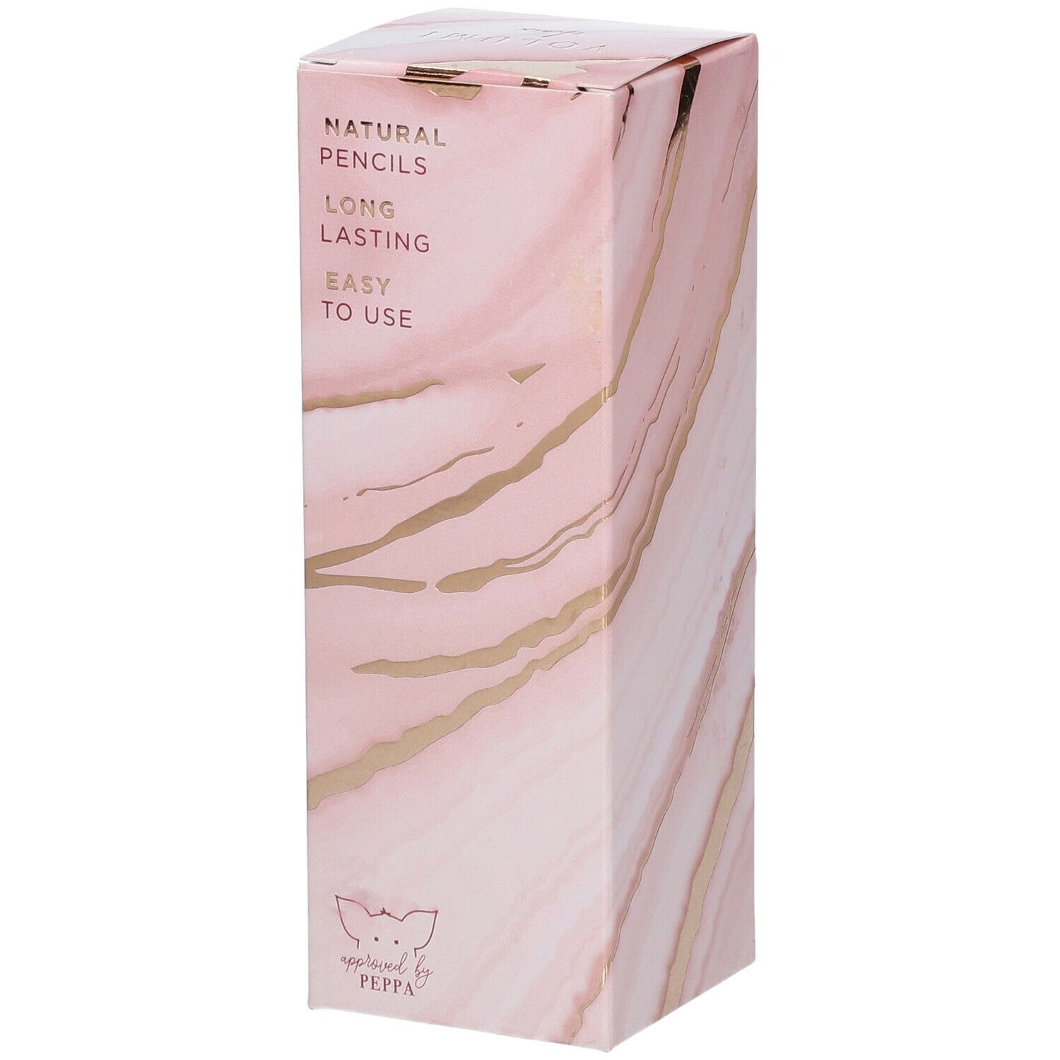 Emballage rose et blanc avec motif marbré. Texte : NATURAL PENCILS, LONG LASTING, EASY TO USE. Logo : Peppa.