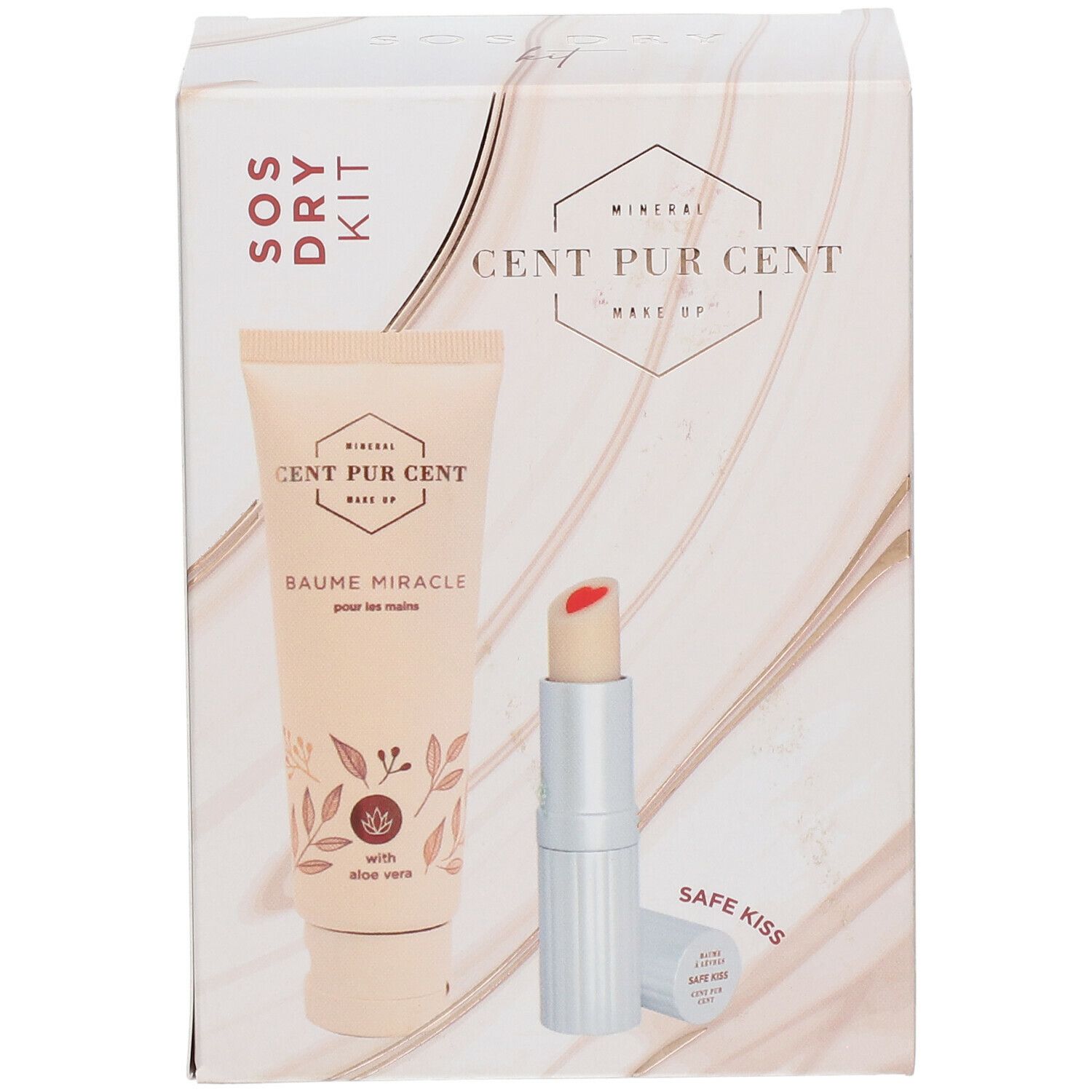 Kit SOS Dry. Contient crème pour les mains et baume à lèvres. Emballage avec nom et logo du produit. Tube de crème et baume à lèvres visibles.