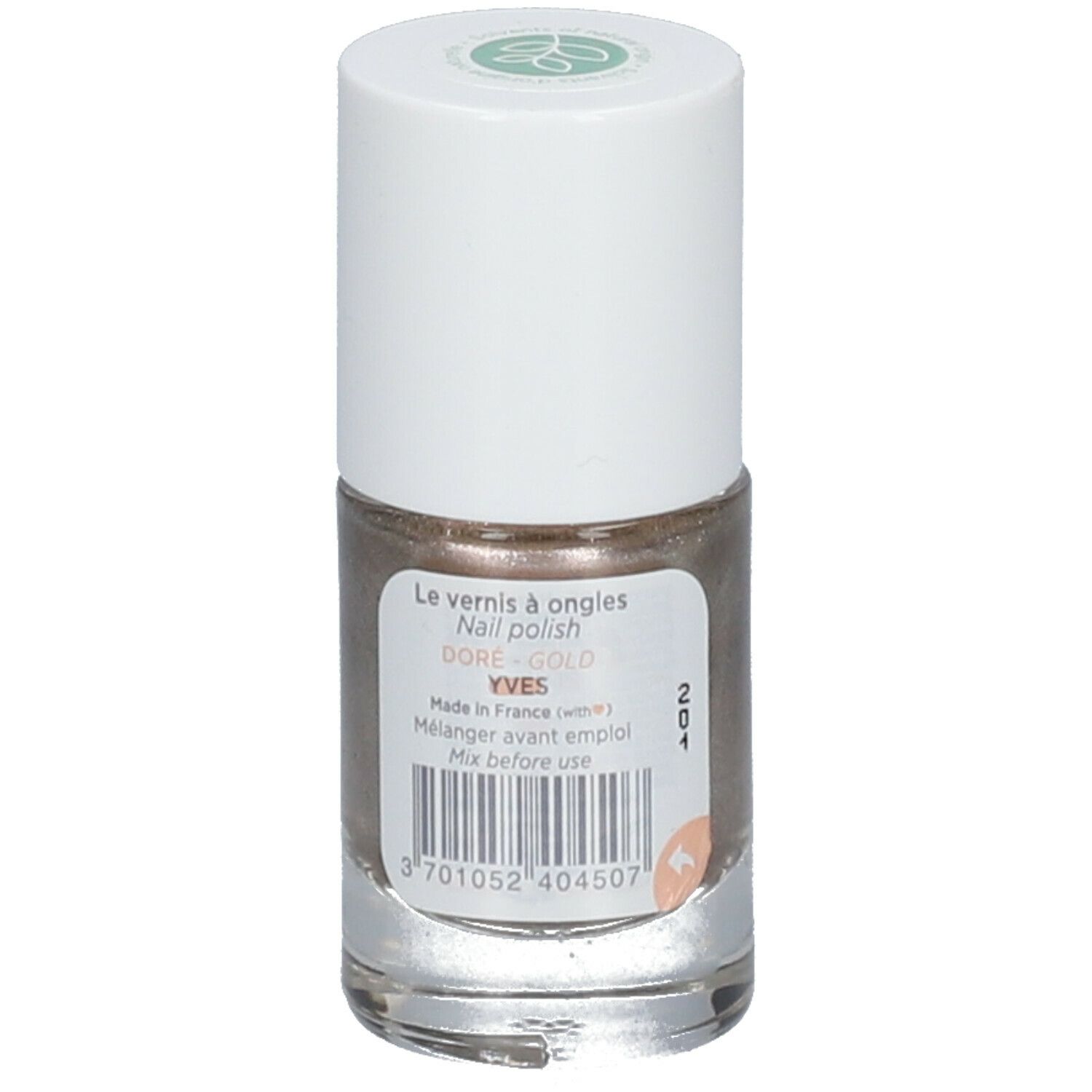 Flesje gouden nagellak. Witte dop met groen logo. Etiket met productinformatie en barcode.