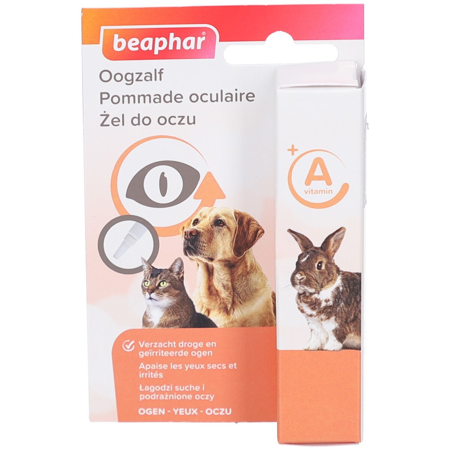 Verpakking van Beaphar® Oogzalf. Tube en doos met productinformatie en illustraties van dieren. Bevat vitamine A.
