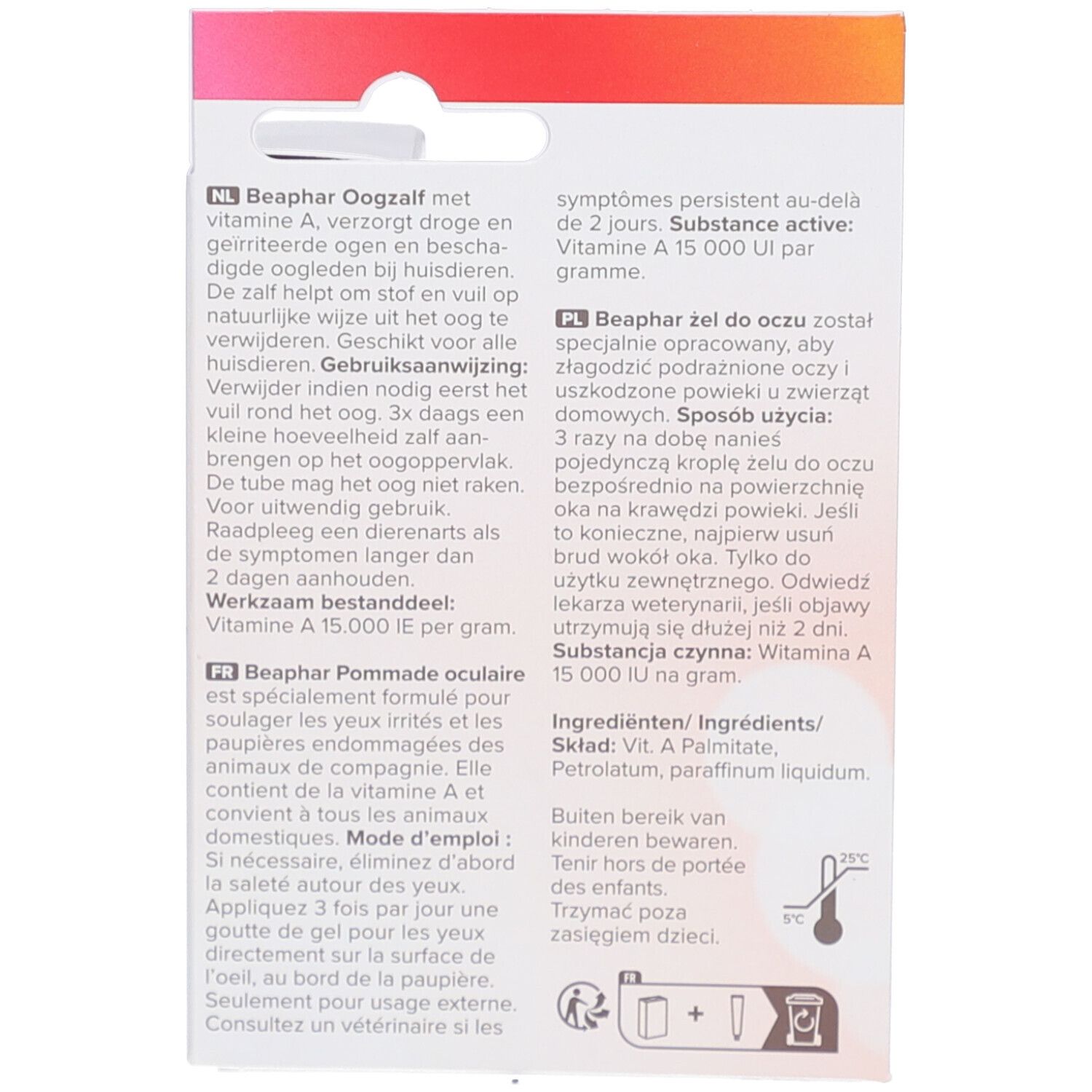 Achterkant van de verpakking van Beaphar® Oogzalf. Productinformatie in meerdere talen, inclusief ingrediënten en instructies.