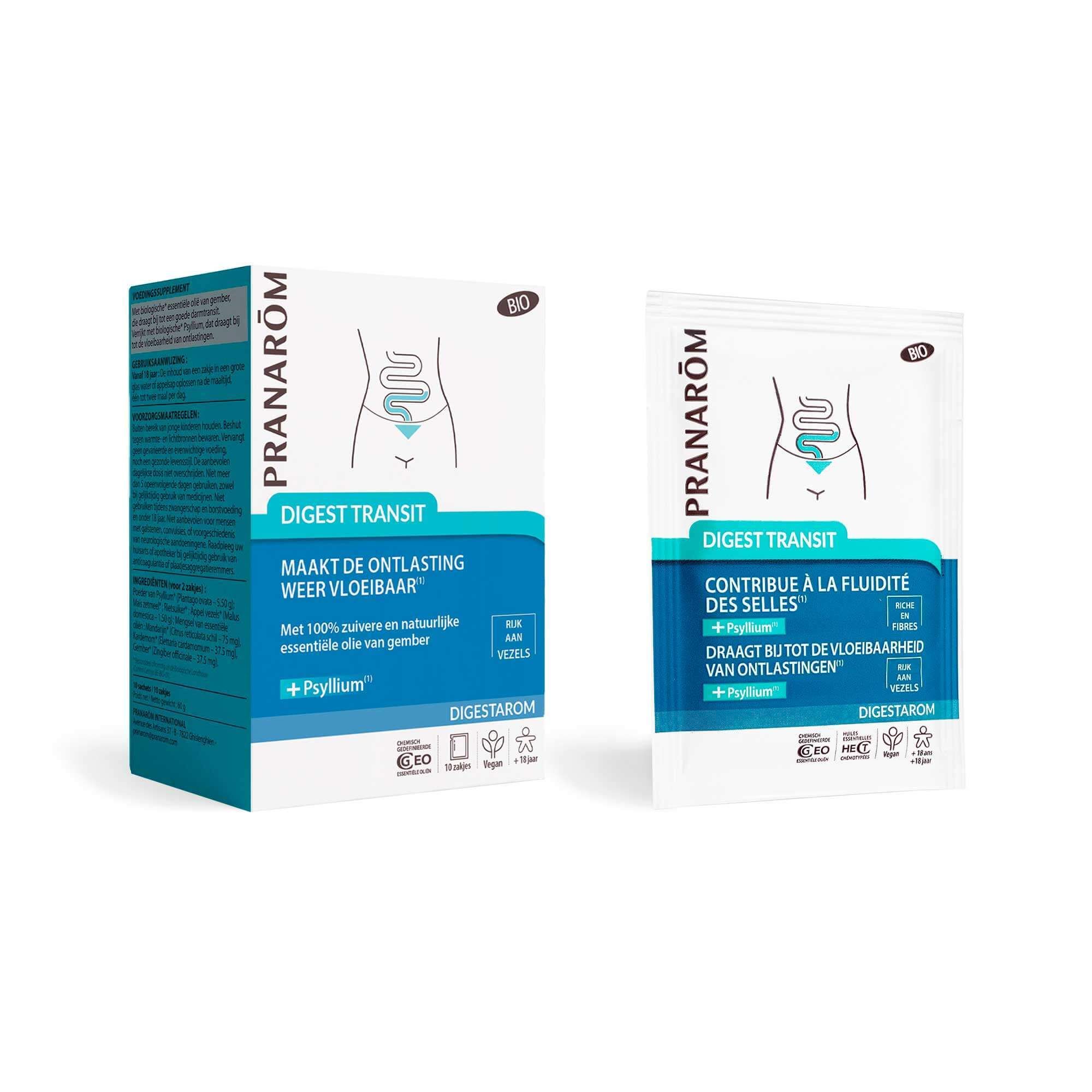 Verpakking en zakje DIGESTAROM DIGEST TRANSIT. Bevat Psyllium. Merk PRANARÔM.