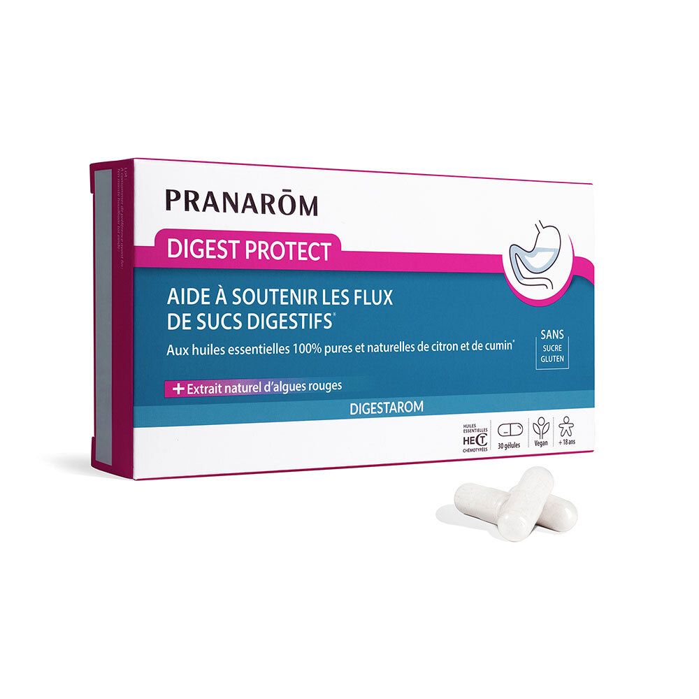 Doosje capsules. Opschrift: PRANARÔM DIGEST PROTECT. Essentiële oliën en roodalgenextract. Vegan, glutenvrij.