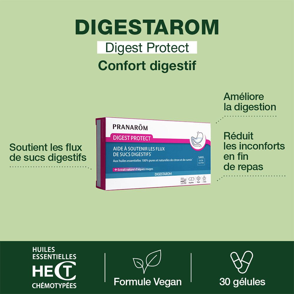 Productverpakking met tekst. PRANARÔM DIGESTAROM Digest Protect. Bevordert de spijsvertering. Vegan. 30 capsules. HECT-certificering.