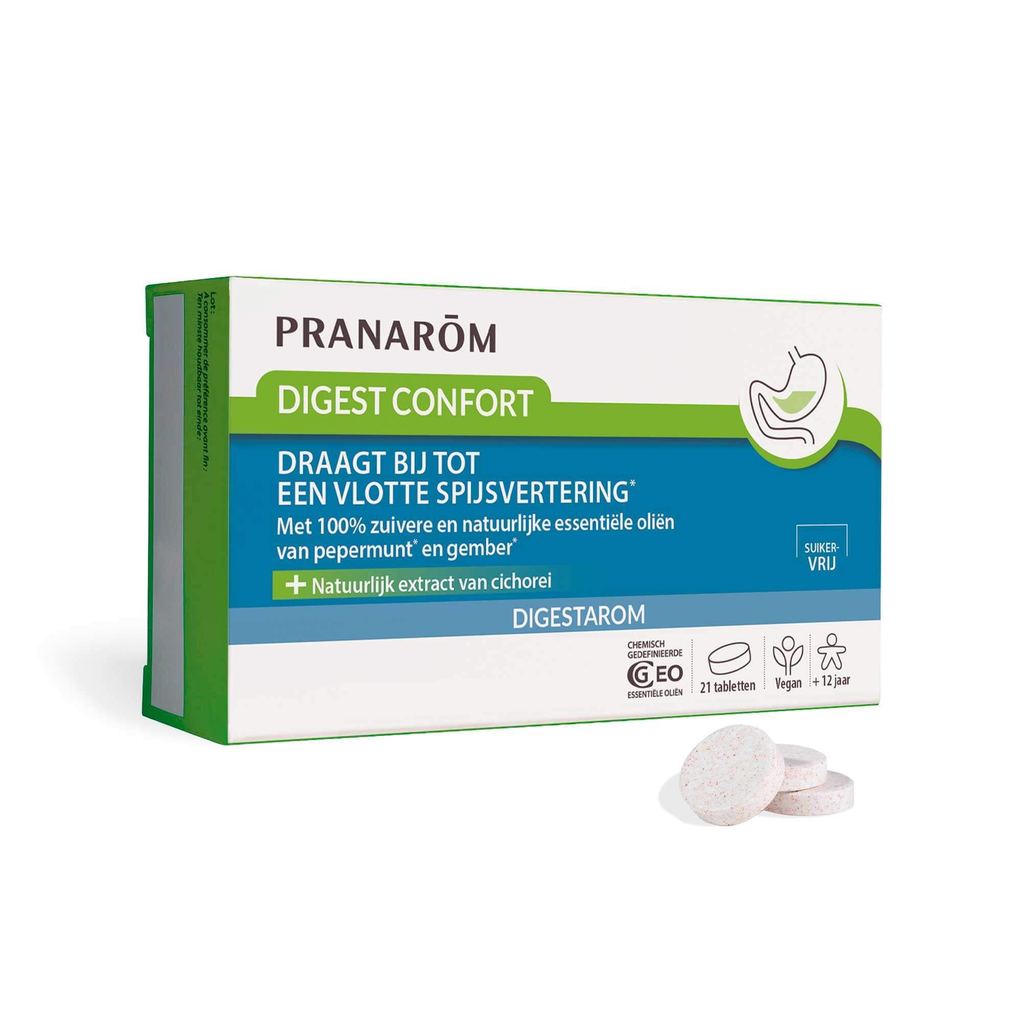 PRANARÔM DIGEST CONFORT tabletten. 21 tabletten, vegan, +12 jaar. Pepermunt- en gemberolie. Nederlandse verpakking.