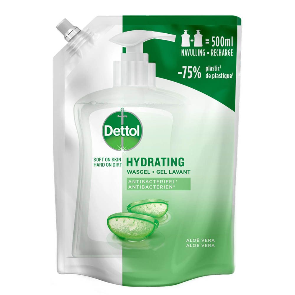 Recharge de gel lavant hydratant Dettol avec pompe. Design vert et blanc avec aloe vera. Contient 500ml et -75% de plastique en moins.