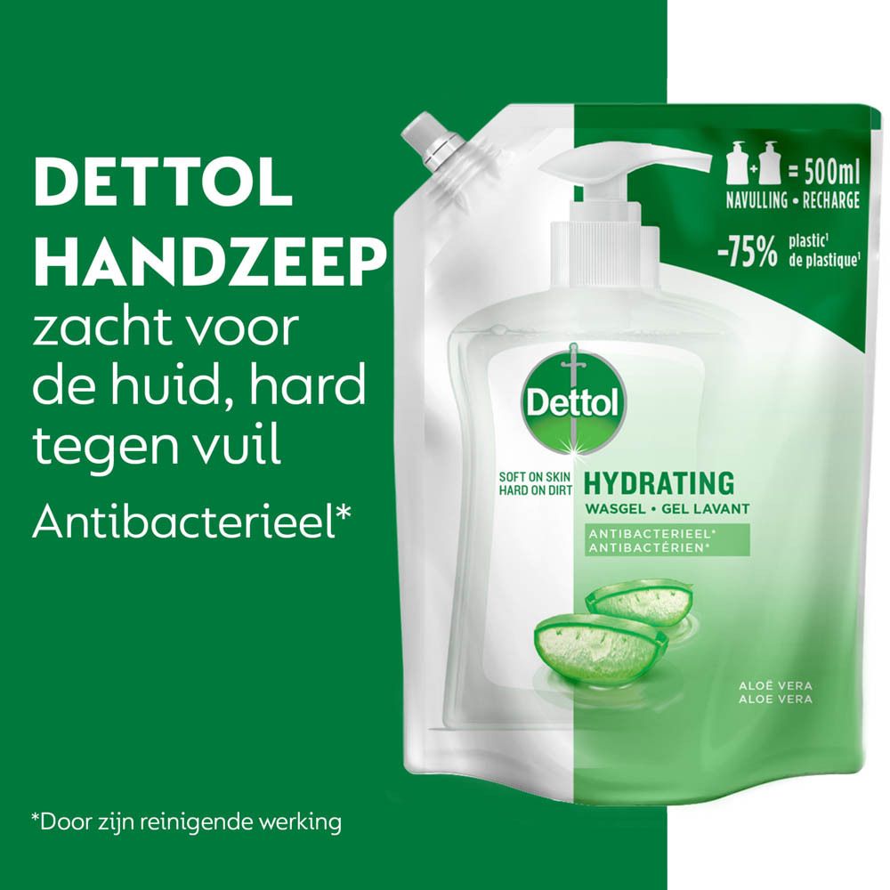 Dettol Handzeep, zacht voor de huid, hard tegen vuil. Antibacterieel. Groen-wit design. Product en navulling.