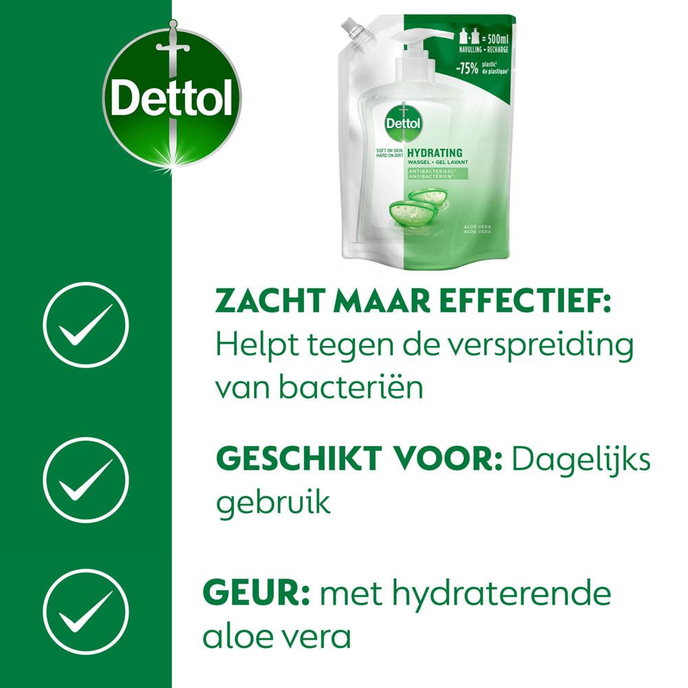 Dettol Hydrating wasgel. Helpt bacteriën te bestrijden. Geschikt voor dagelijks gebruik. Met aloe vera geur.